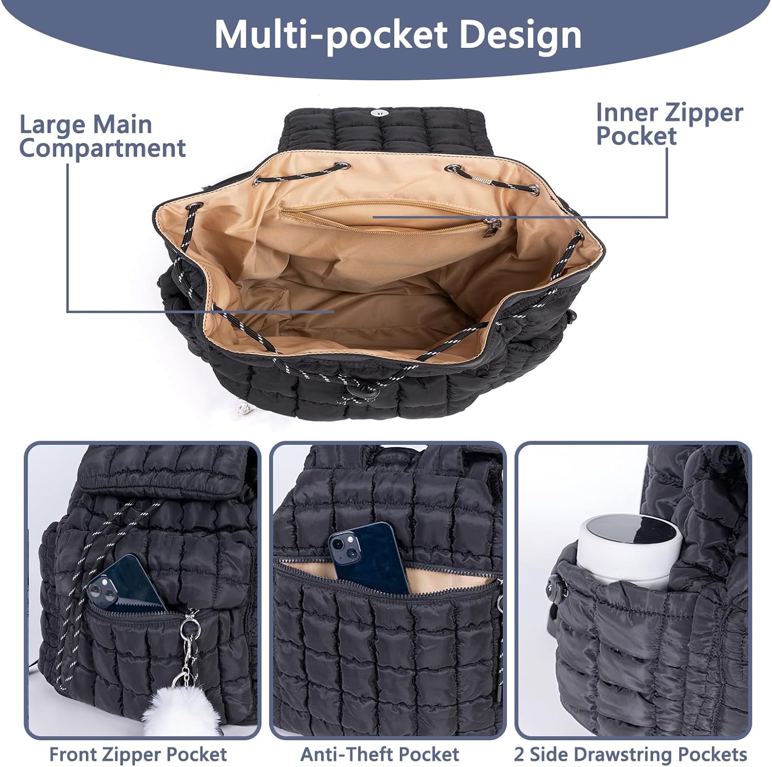 Quilted Puffer Backpack for Women: Large Lightweight Soft Purse Backpacks for Travel Daypack Hiking Gym Sports School College - Cute Trendy Luxury Drawstring Laptop Backpack (Black) - Image 5