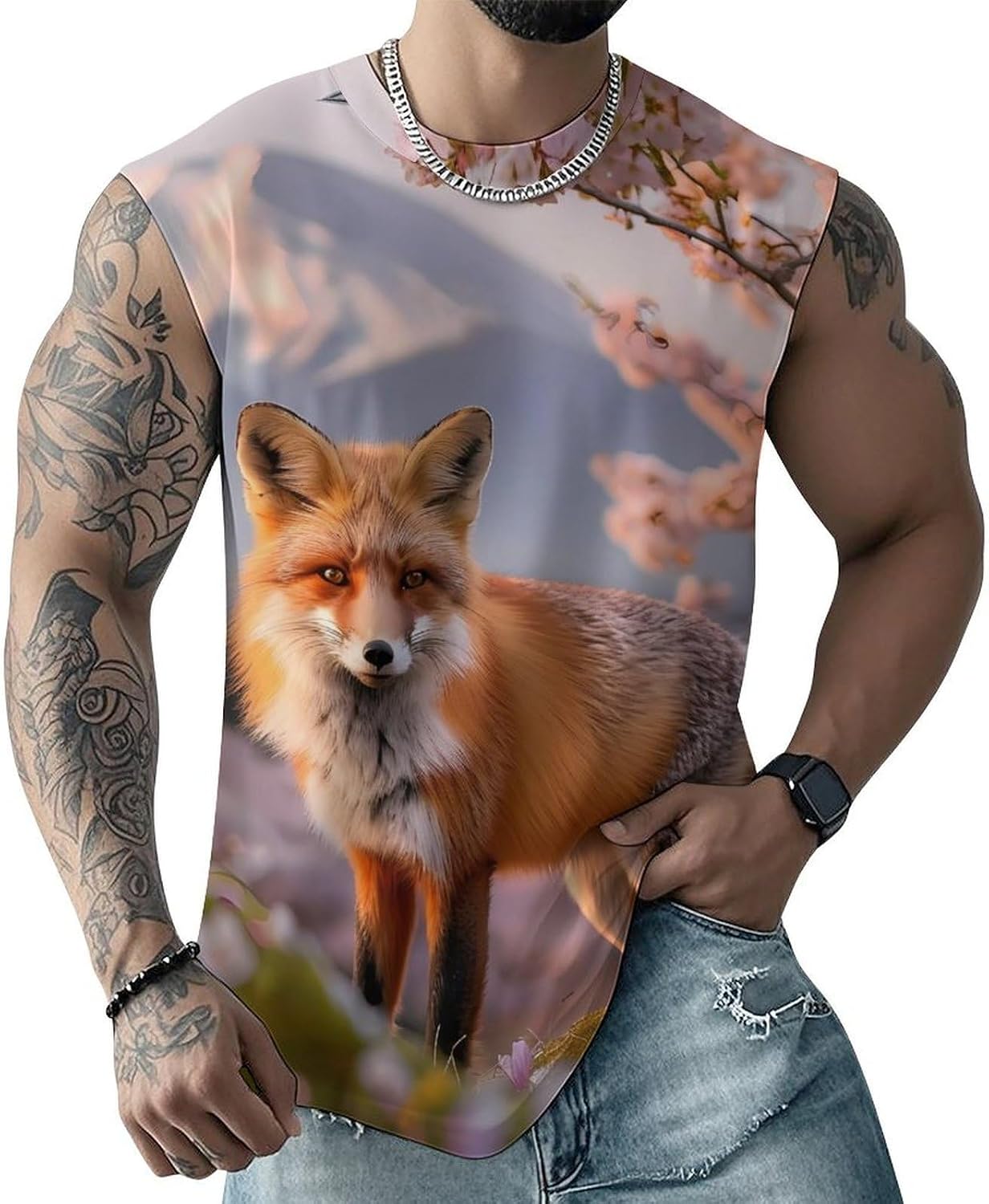 Foxes and Cherries Men Summer Sleeveless Crew Neck Top 5XL