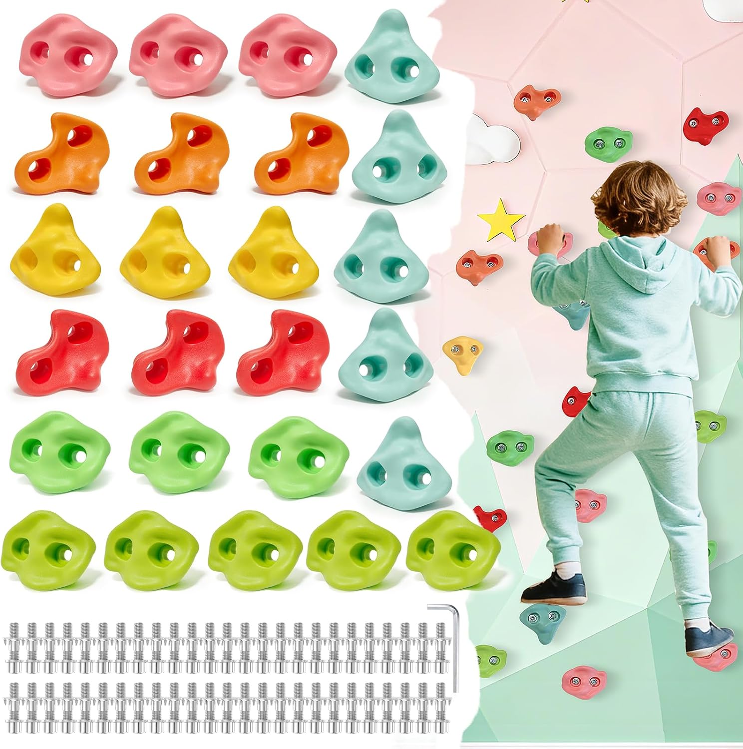 25 PCS Large Rock Climbing Holds for Kids, Extra Large Climbing Rock Wall Grips, Adult Rock Wall Holds Rock Wall Climbing Kit with Hardware for Indoor and Outdoor Climbing Wall Holds（Pastel Color）
