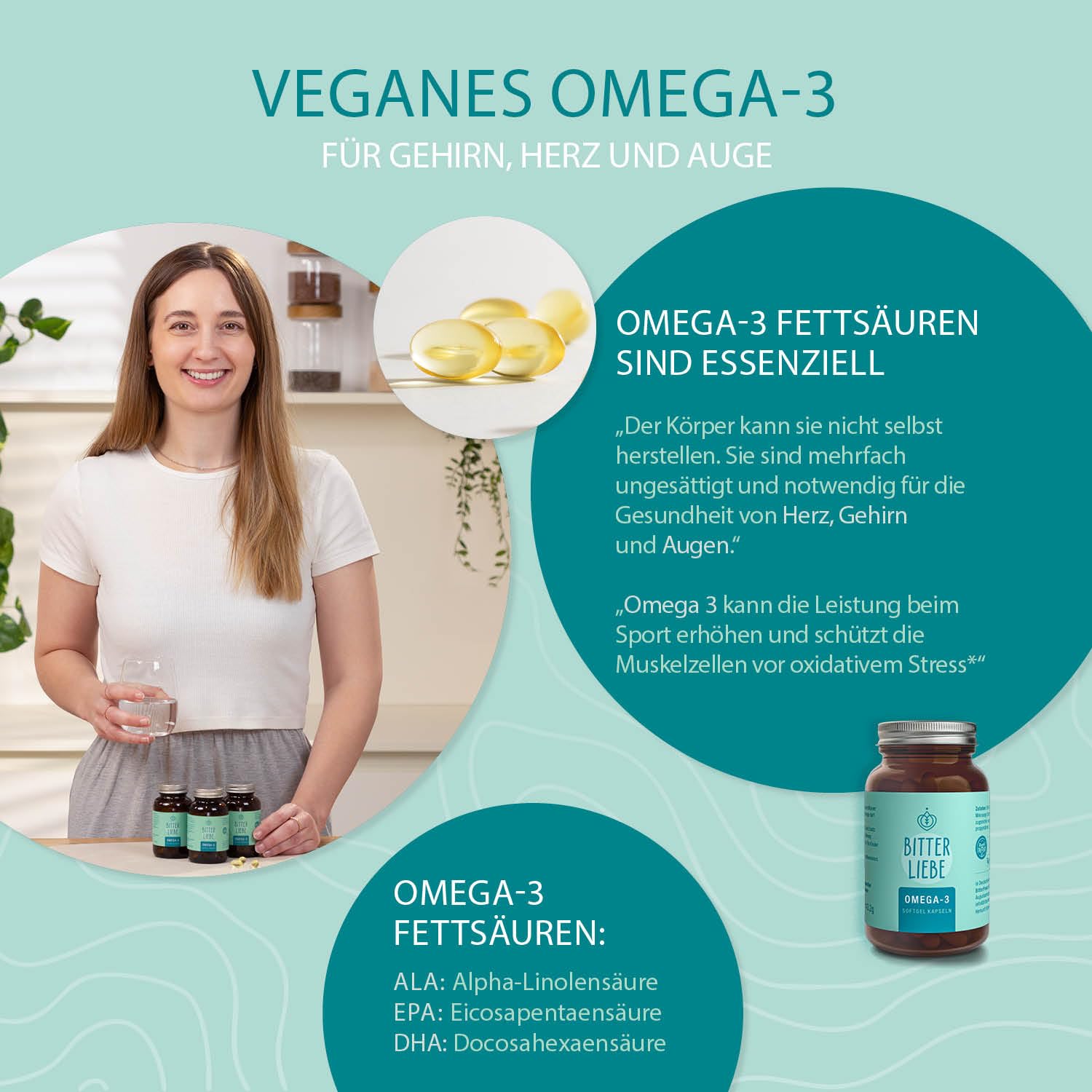 BitterLiebe - Omega 3 vegan Kapseln hochdosiert aus pflanzlichem Algenöl - hochwertigem EPA und DHA - Premium Omega-3-Fettsäuren für Veganer - leicht schluckbar ¹