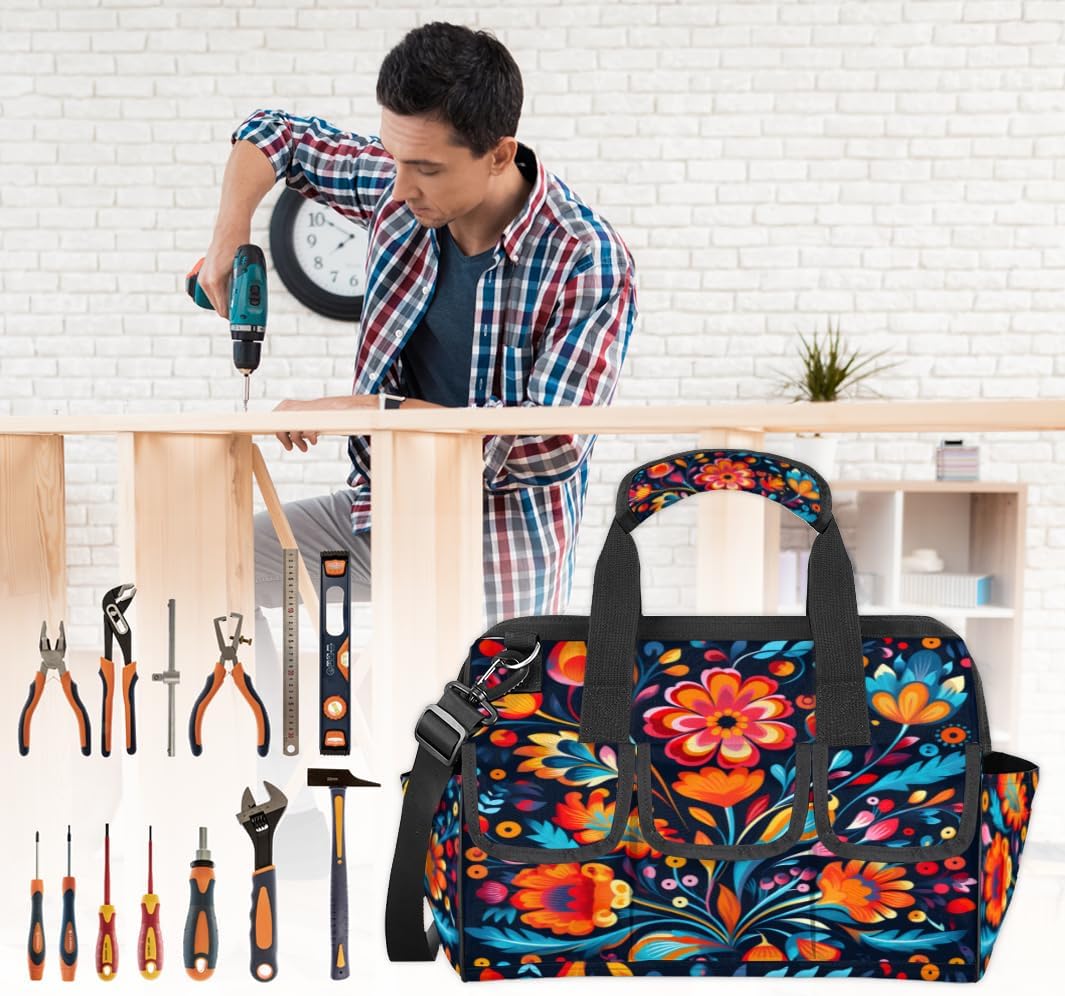 Funny Flowers Tool Bag with Multi-Pockets Wide Mouth Tool Tote Bag for Women and Men Waterproof Tool Organizer Storage Bag with Adjustable Shoulder Strap and Ergonomic Handle