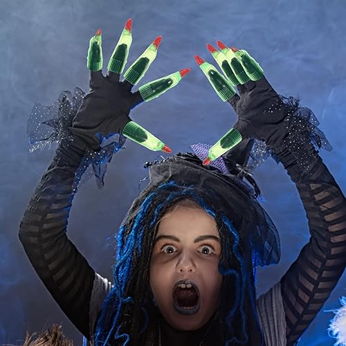 Miniatura 6 de Sosation 100 dedos de bruja de Halloween para leer niños, dedos de bruja marciana, uñas postizas de garras postizas, zombi cosplay, puntas de dedos,