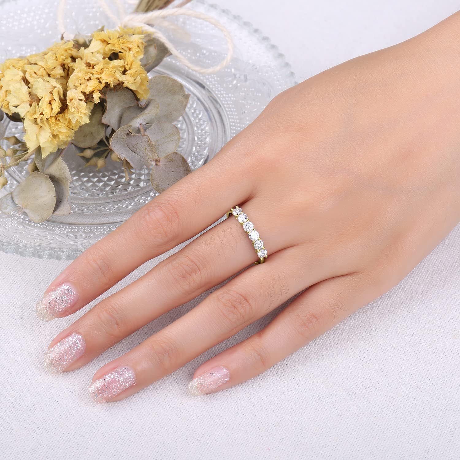 JewelryPalace 6 Stone Cubic Zirconia Half Eternity Stackable Wedding Rings for Women, 14K White Yellow Rose Gold Plated 925 Sterling Silver Promise Rings for Her, Simulated Diamond Wedding Band Ring - Image 6