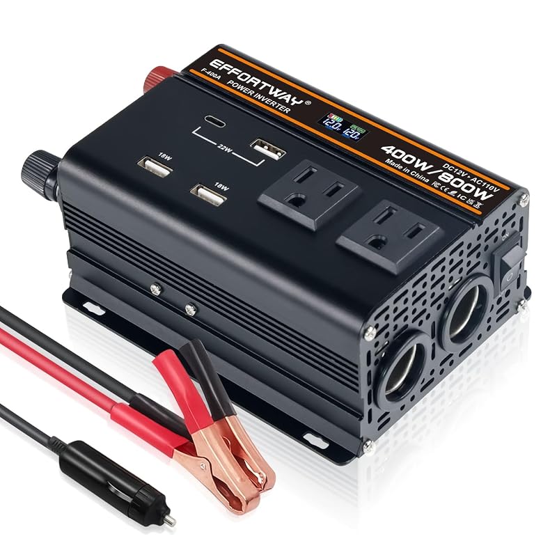 Inversor de energia automotivo EFFORTWAY 400 W, 12 V para 120 V, pico de 800 W, 2 tomadas AC, USB e carregador Type-C, modelo F-400A