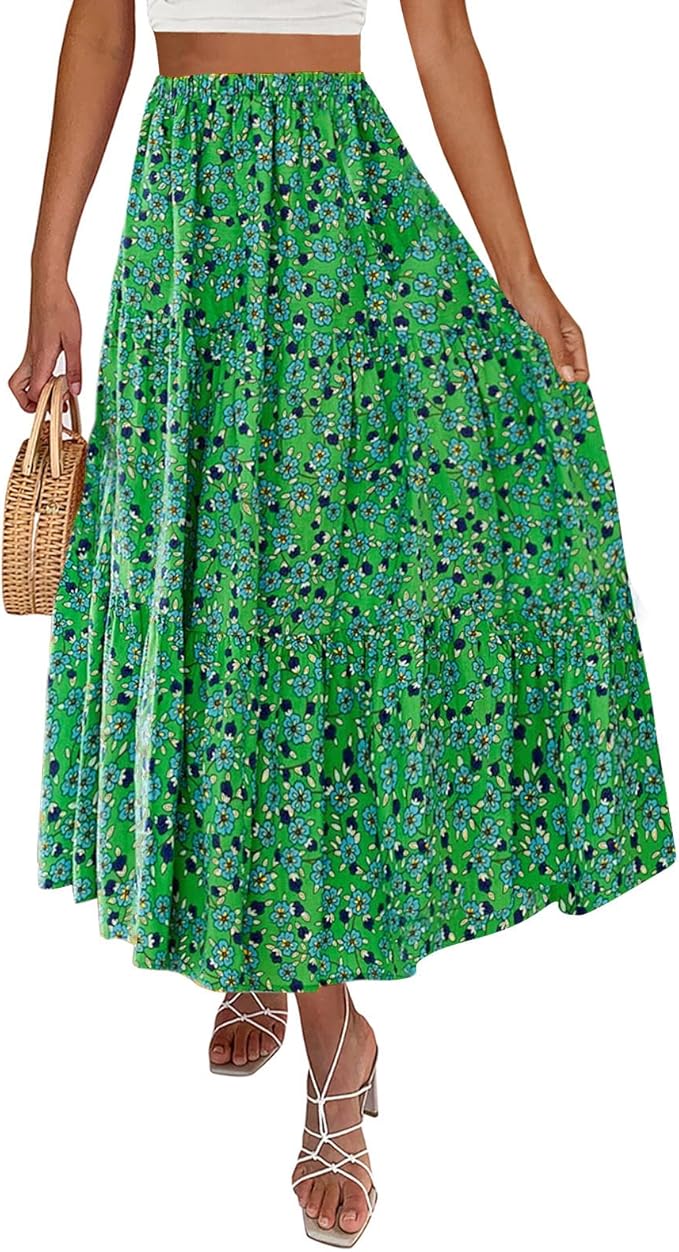 ZESICA Women's 2023 Summer Plaid Elastic High Waist Flowy A Line Maxi Skirt with Pockets