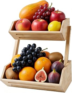 WELLAND Countertop Fruit Basket Bowl for Kitchen Dining Table, 2 Tier Bamboo Bread, Vegetable, Snack Storage