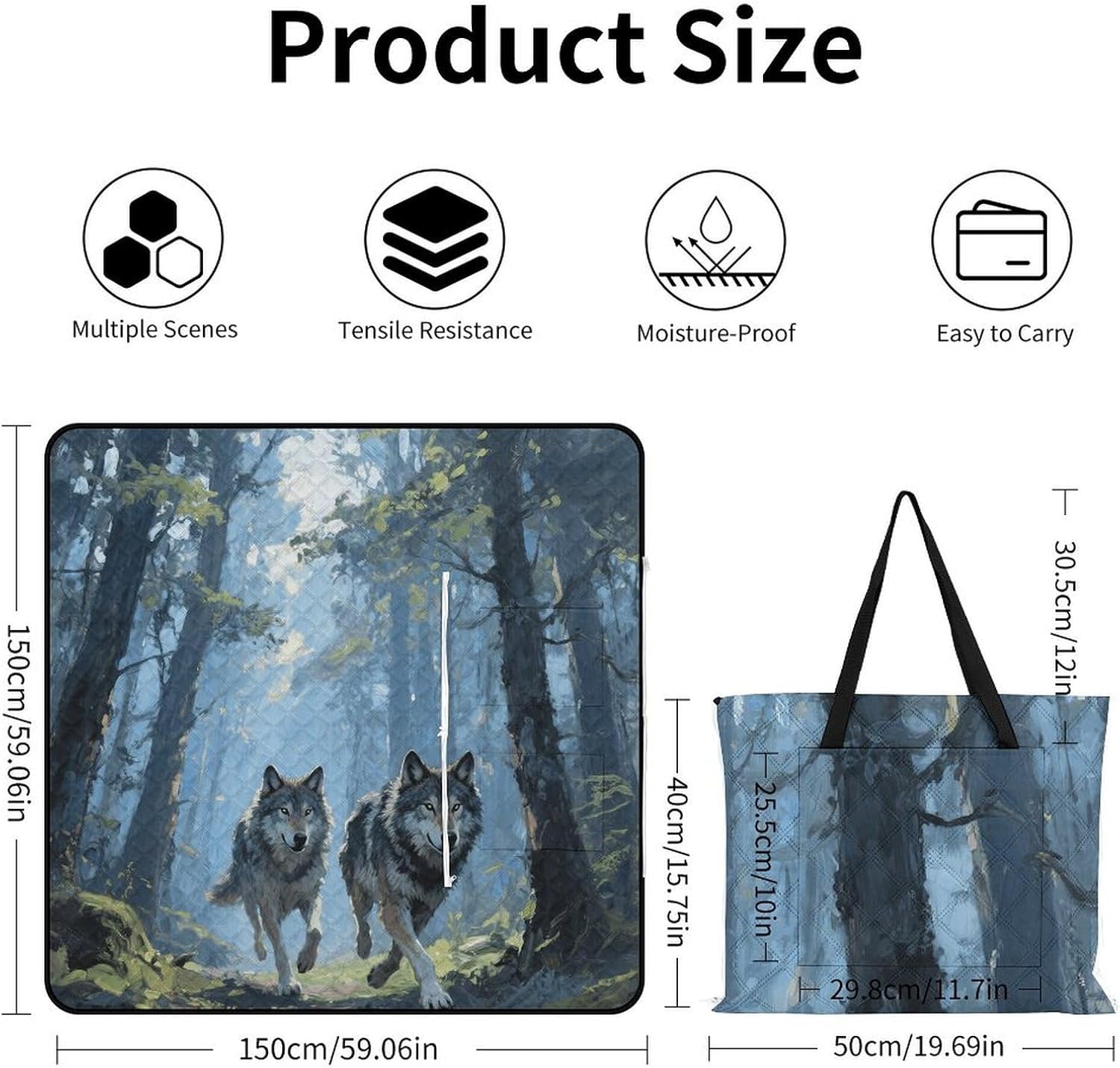 Wolf Forest Picnic Blanket 150x150cm, Foldable 2-in-1 Picnic Mat and Tote Bag Portable Waterproof Beach Mat Sandproof Outdoor Blanket for Park, Hiking, Beach, Camping, Travel