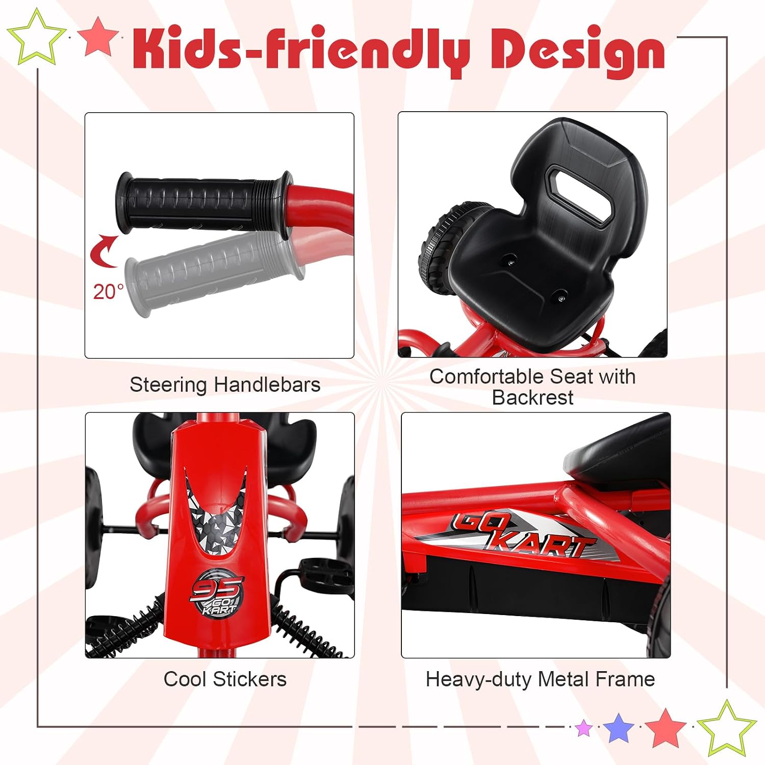 Costzon Go Kart for Kids, 4 Wheel Toddler Ride On Pedal Car with Steering Handlebars, Adjustable Seat, Outdoor Off-Road Racer Kiddie Cart, Toy Car Gift for Boys Girls Aged 3+ (Red)