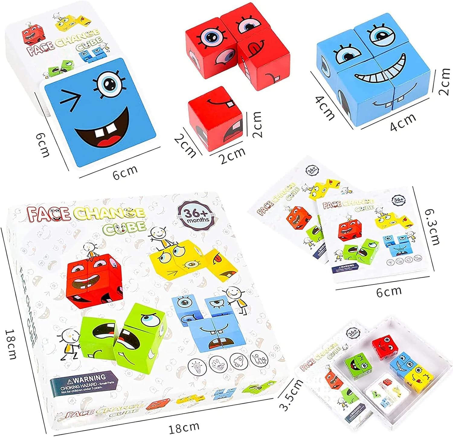 Expression Puzzle Building Cubes Wooden Face-Changing Magic Cube Building Blocks Matching Game Logical Thinking Training Brain Toy Borad Games Educational Montessori Toys (B)