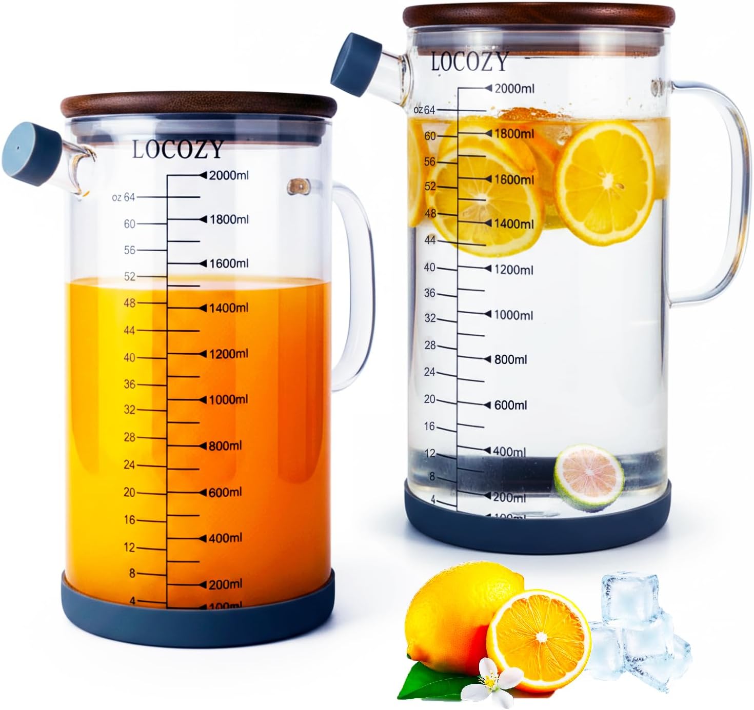 2-Pack 64oz Glass pitcher with Acacia Wood Lid - Airtight Design, Dual oz/ml Scales for Fridge, Glass Carafe for Hot/Cold Water, Large Iced Tea Pitcher for Coffee, Juice and Homemade Beverage