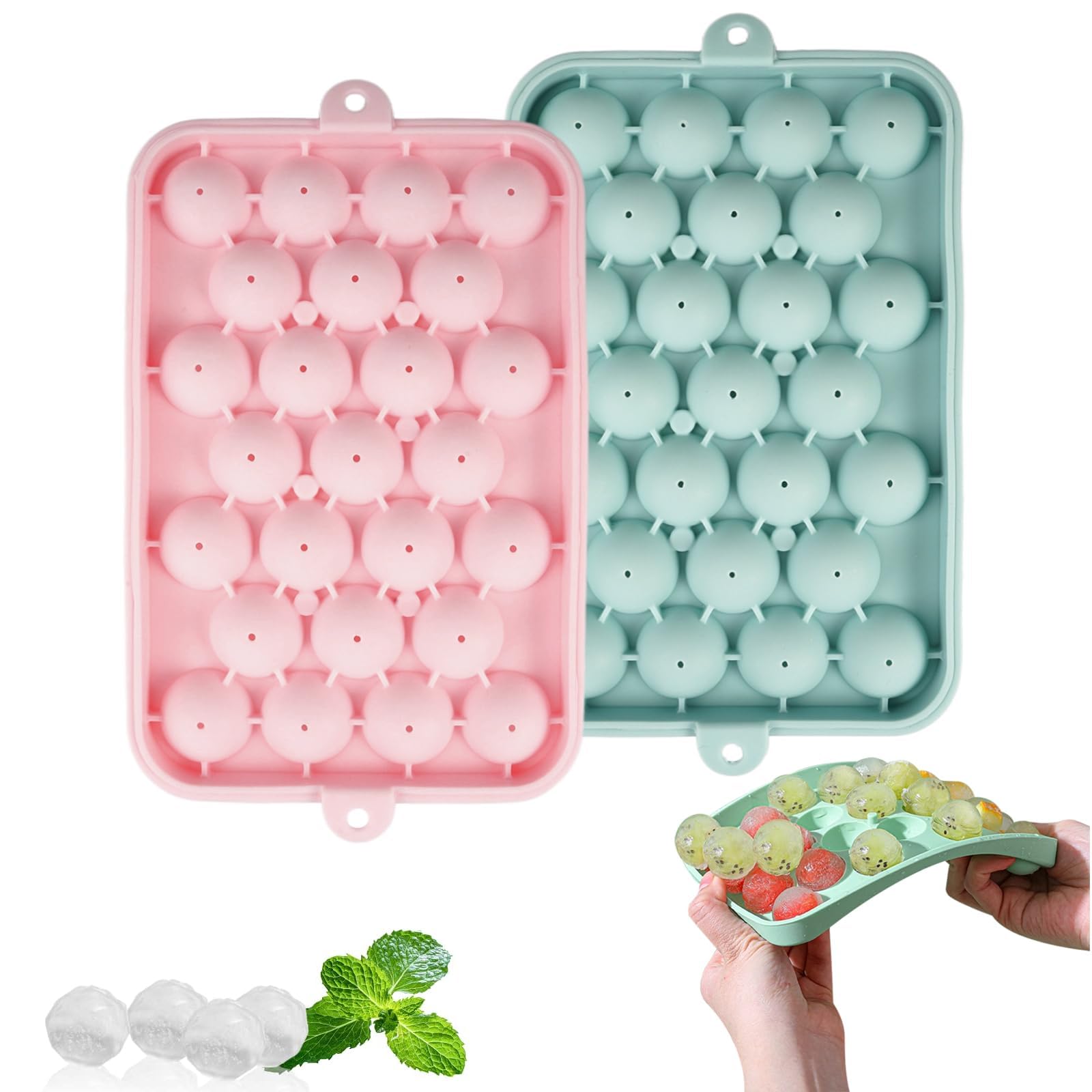 2 Pieces Silicone Round Ice Cube Trays with Lid & Storage, 3 Stackable Small Ice Maker Moulds for Freezer, Easy-Release Sphere Ice Tray, Ice Balls for Chilling Whiskey & Cocktails