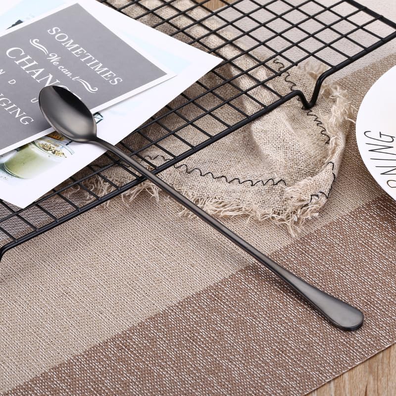 Silverware Flatware Set, 1/4/6/8/10/12 Pieces Stainless Steel Spoons Ice Spoons Long Handle Seasoning Spoons Stirring Pointed Round Spoons(Black,10Pcs)