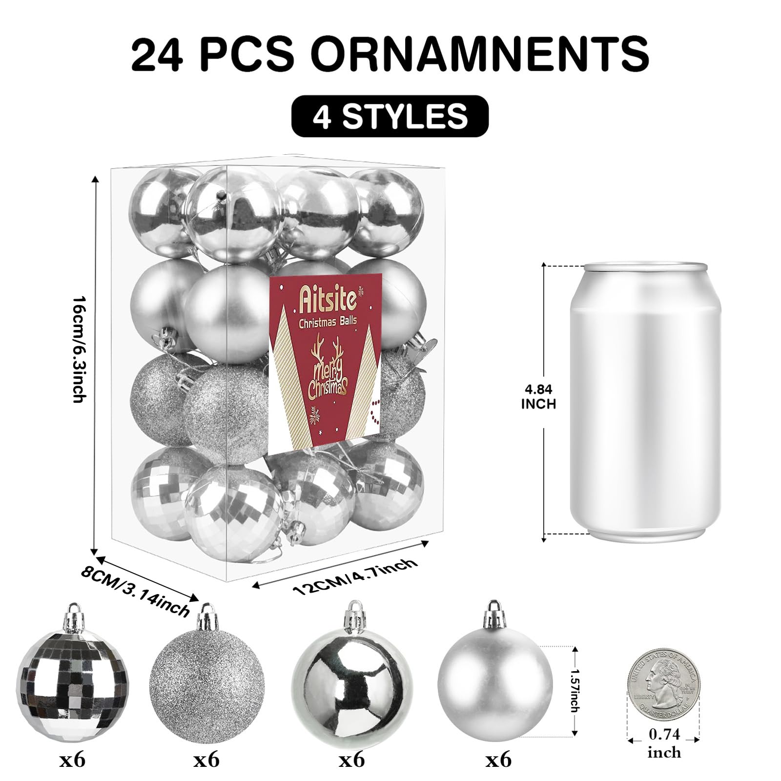 Aitsite 24ct Mini Shatterproof Christmas Ornaments Set, 1.57 Inch Diameter, Silver, Glossy, Frosted, Glitter, Mirrored, Perfect for Christmas Decorations