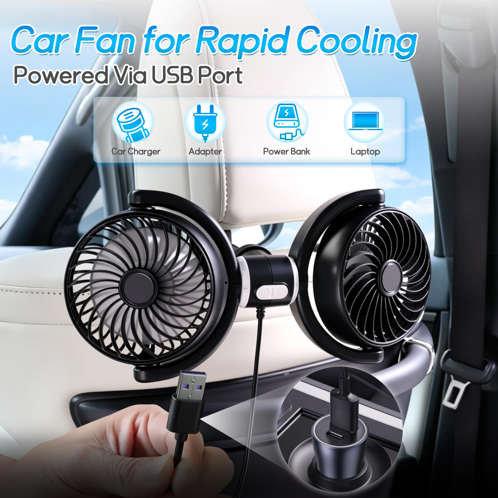 D-Lumina Ventilatore per auto da 12 V, doppia testa, girevole a 360°, con 3 velocità, ventilatore USB, ventilatore a clip per veicoli come berlina, SUV, RV per sedili posteriori