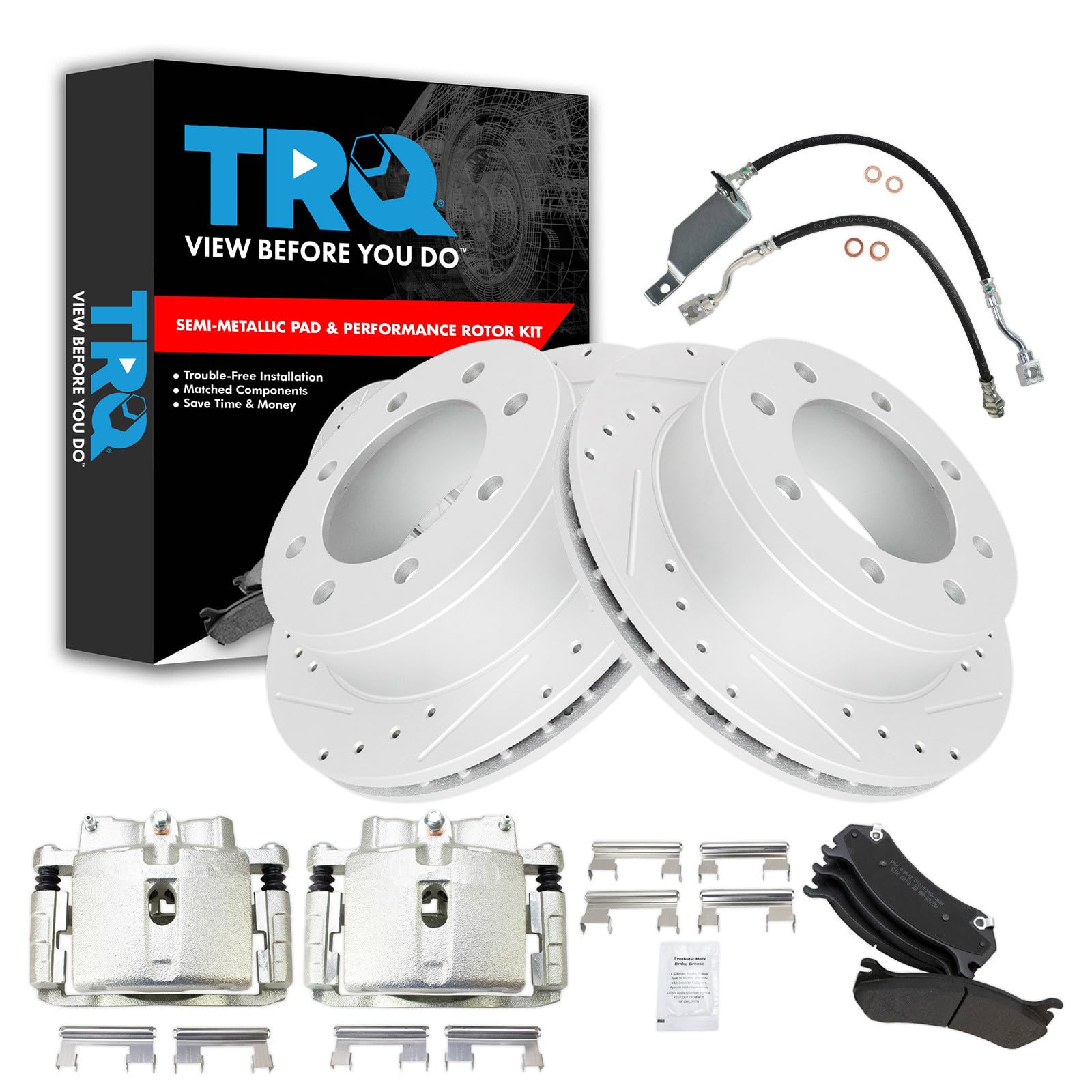 TRQ Brake Pad &amp; Rotor Kit Slotted X Drilled Performance Semi-Metallic Compatible with 01-07 Chevrolet GMC