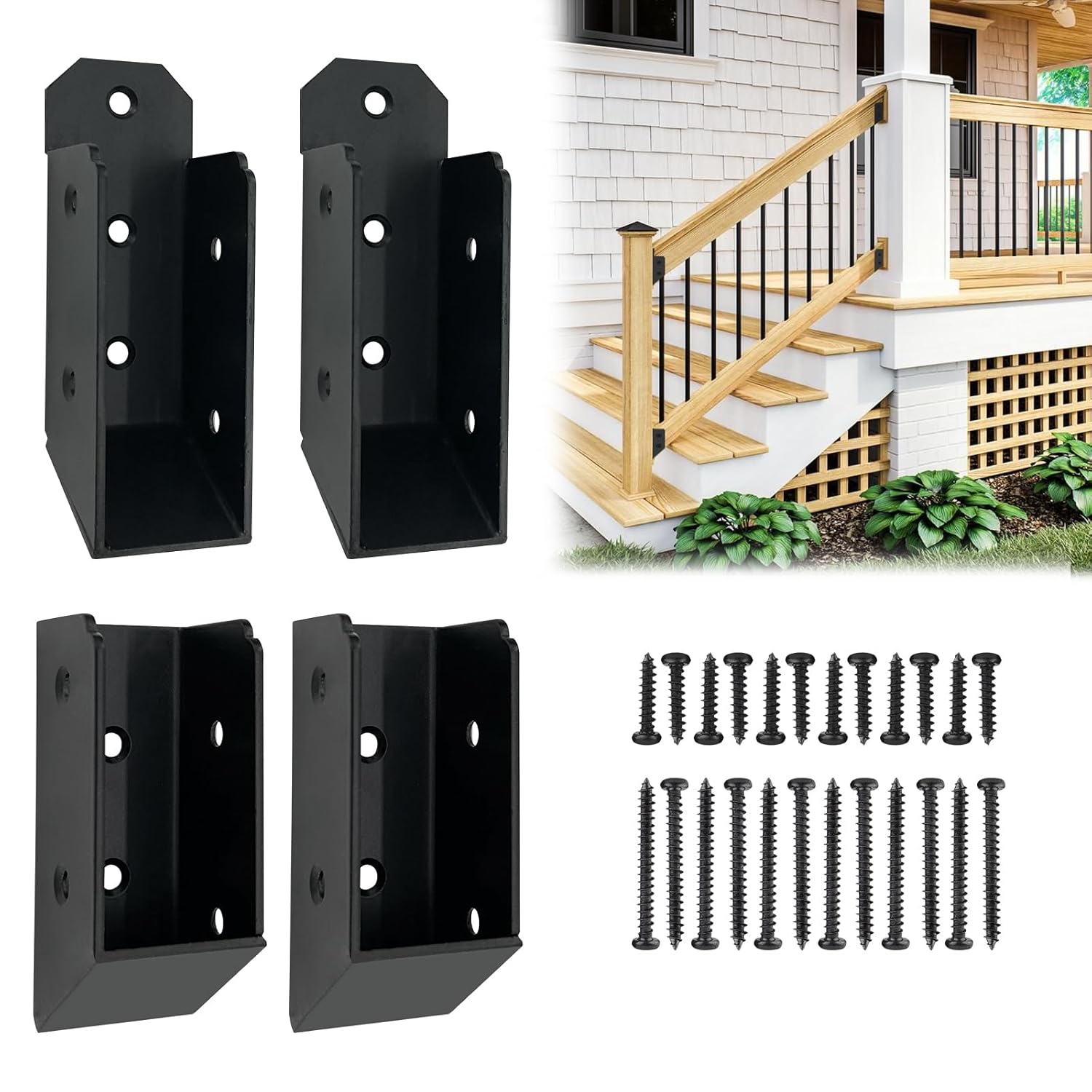 4Pair Deck Railing Bracket Connectors, U-Shaped Concealed Brackets for 2"x4" (Actual 1.5"x3.5") Wood Post, 30 Degree Slant Brackets for Stair Fence Railings W/Hardware