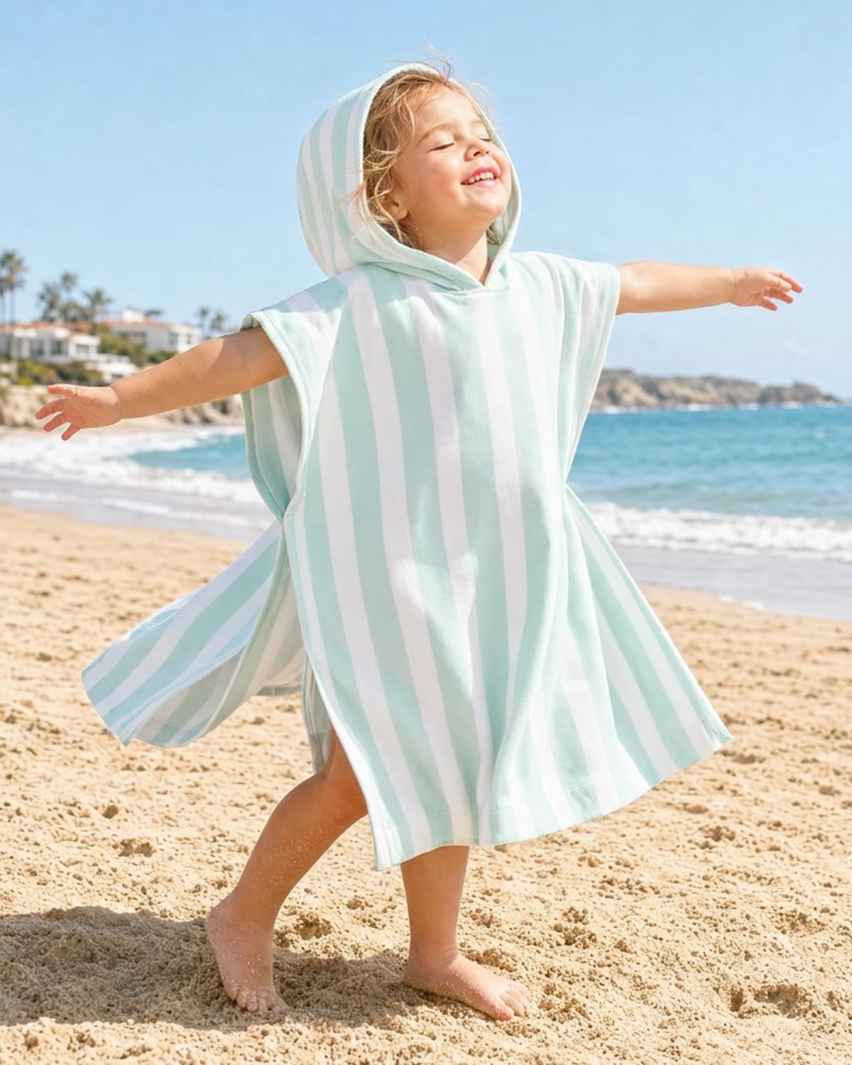 FishingDino Poncho da bagno per bambini, taglia 68-128, asciugamano ad asciugatura rapida, poncho per bambini con nappe, poncho da bagno a righe, poncho da surf per ragazzi e ragazze 0-6 anni, blu, 68