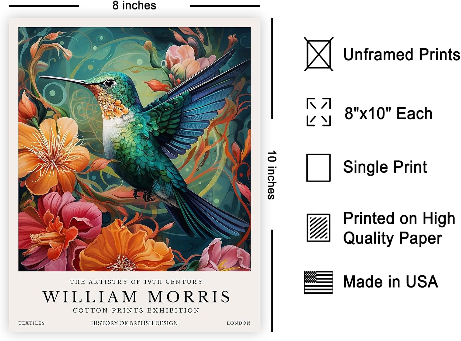 Poster Master William Morris Poster - Hummingbird Print - Flower Art - Botanical Art - Exhibition Artwork - Animal Piece - Floral Illustration - Farmhouse Creation - Colorful Bedroom Wall Decor - 8x10 UNFRAMED Wall Print