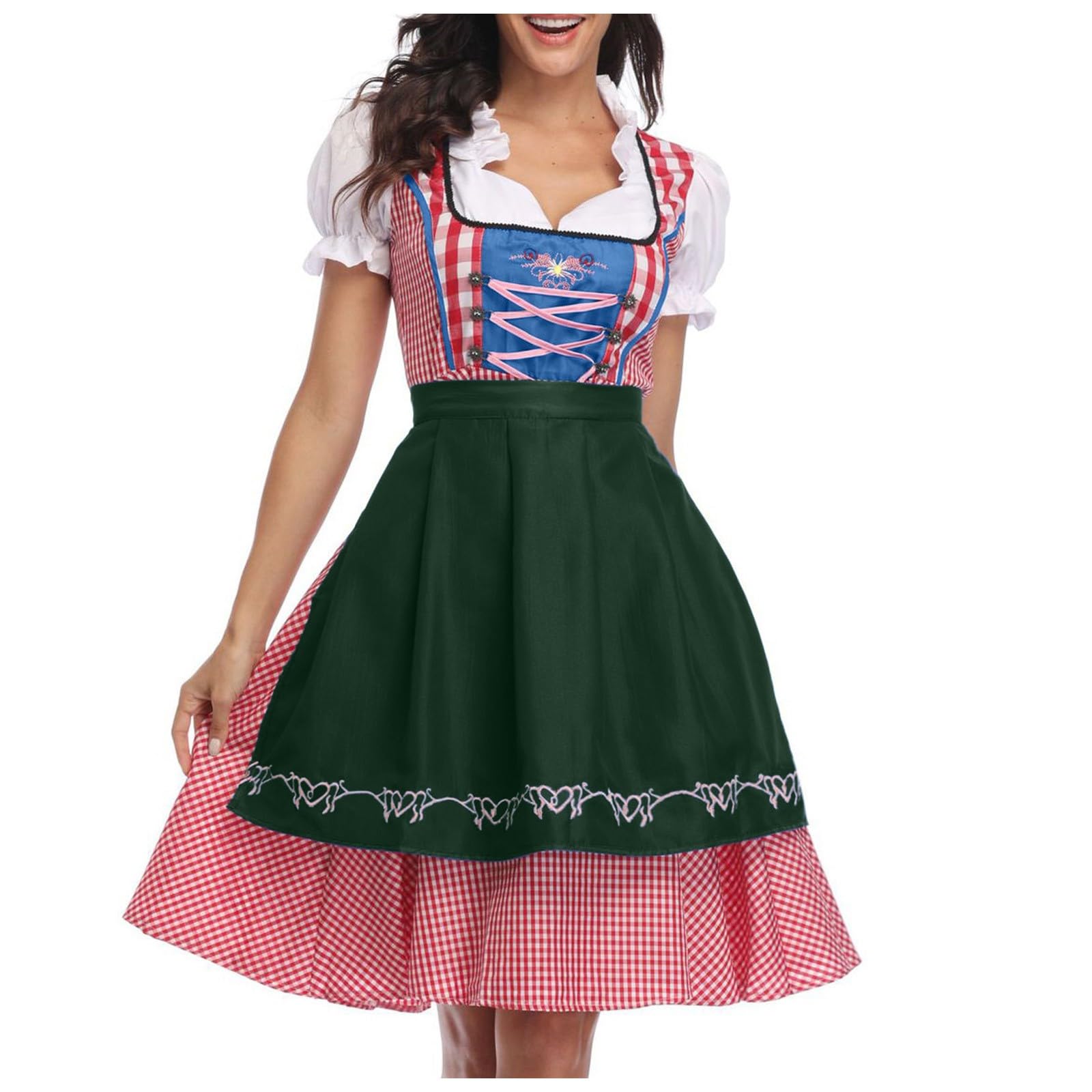Women Dirndl Dress Oktoberfest Costume German Dirndl Dress 3 Pieces Plaid dirndldress with Apron Fancy Midi Skirt Oktoberfest Outfit Bavarian Costumes for Bavarian Beer Carnival Party