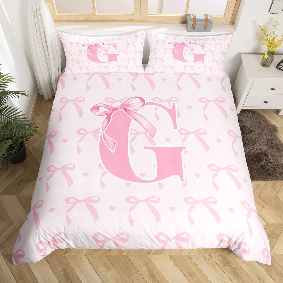 jejeloiu Cute Pink Bow Kids Bedding Set Full Size,Boys Girls Personalized Letter G Duvet Cover,Cute Coquette Bow Knot Comforter Cover,Initial Letter G Bedclothes Monogrammed Bedroom Decor,No Comforter