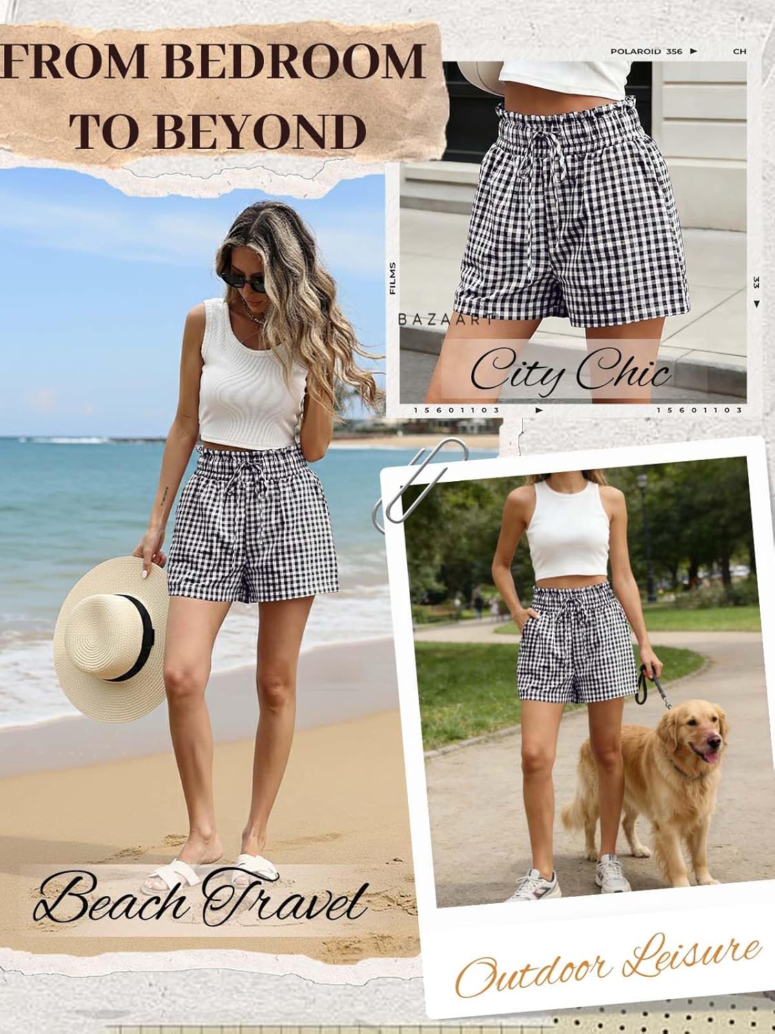 Womens Ruffle Waist Boxer Cotton Pajama Shorts with Pockets Lounge Sleep Beach Summer Casual Gingham Plaid Bottoms - Image 2