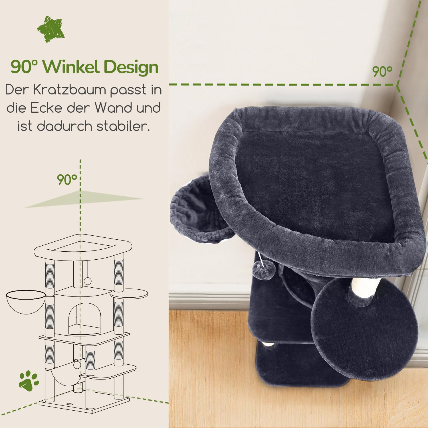 Globlazer Kratzbaum Große, Kratzbaum Stabil Passform Ecke mit Groß Katzenhaus 90° Sektor Gepolsterte Plattform Hängematte Weich Korb, Katzenbaum hoch 130 cm für Mehrere Groß Katzen (C51, Dunkelgrau)