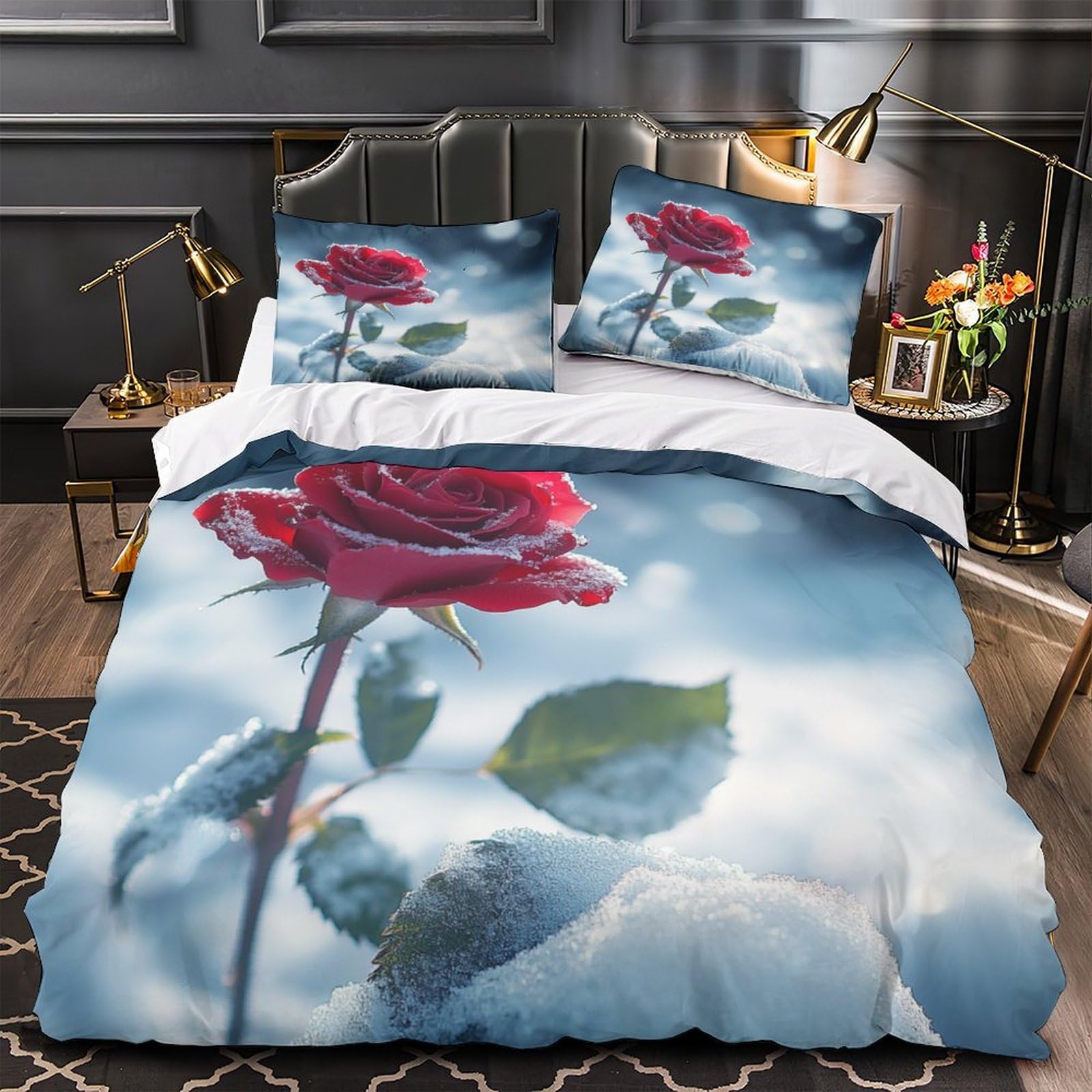 Housse de Couette Rose Enneigée 3D Anti-Pli avec Zip Invisible