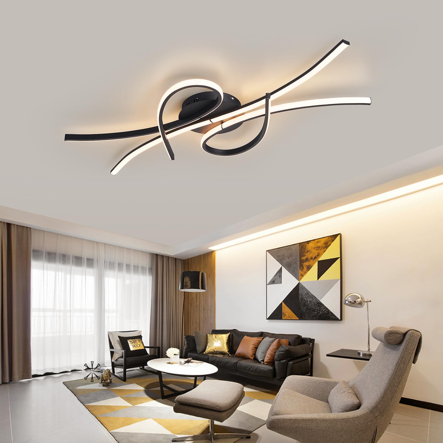 LED Ceiling Light Dimmable Ceiling Lamp Modern Bedroom Lamp Creative Pendant Light Design Ceiling Light, Pendant Lamp for Dining Room Office, Living Room Interior Lighting (Black, L80cm)