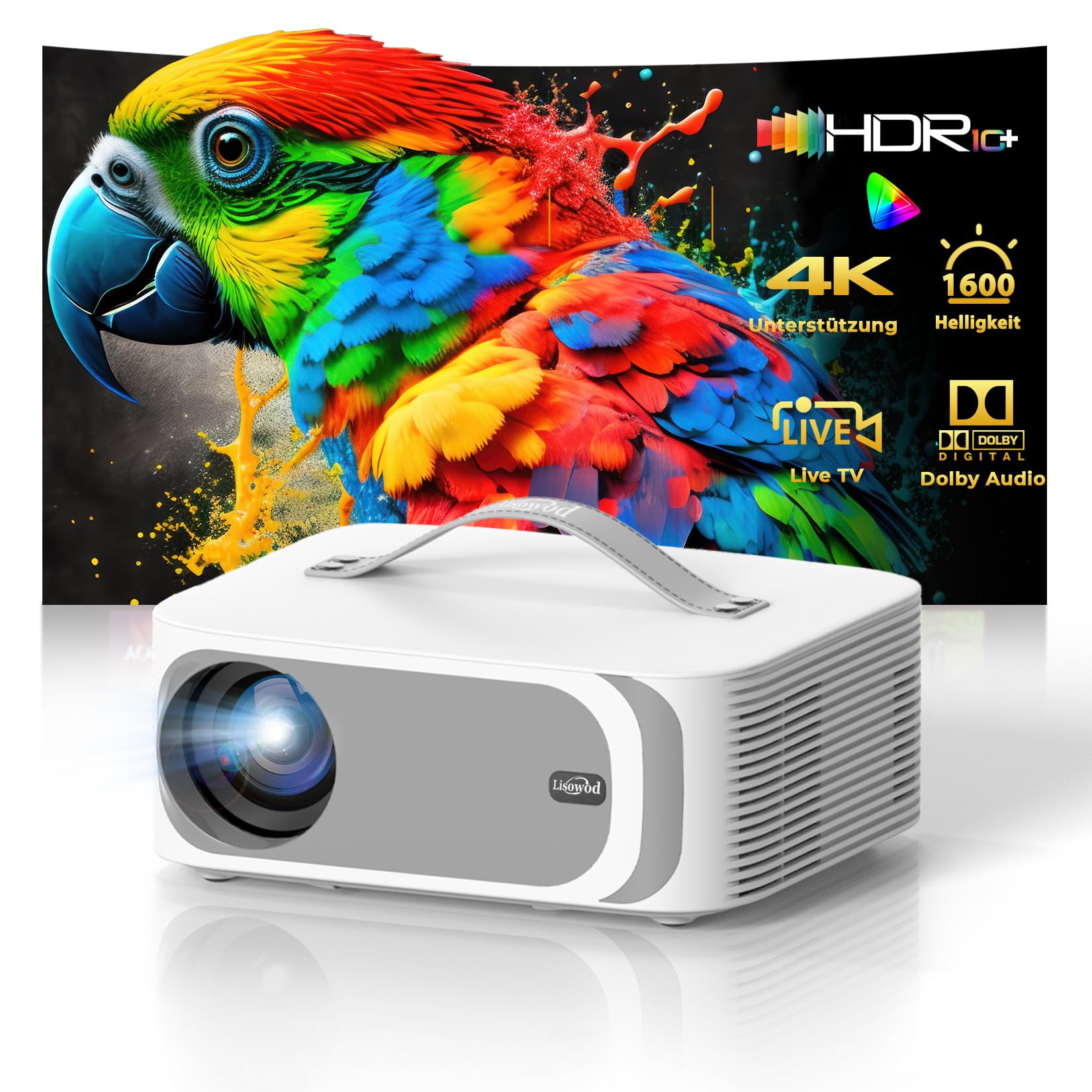 Beamer Passend für Netflix Dolby Audio|1600 Lisowod HDR10 Mini Beamer 4K Heimkino mit eARC CEC | Auto Fokus & Trapezkorrektur Smart Projektor | Bluetooth 5.4 WiFi6 | Für Familienkino und WM-Party