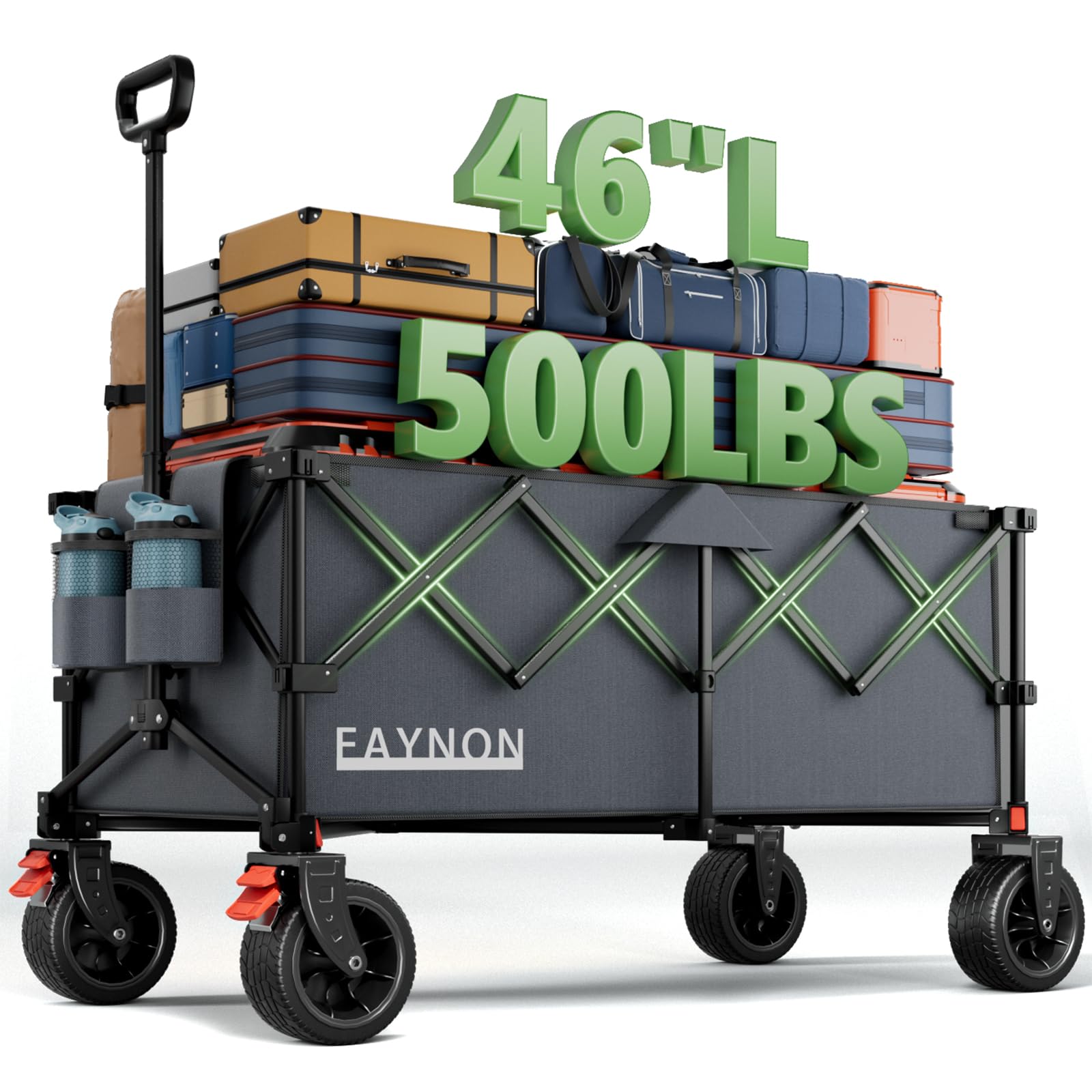 46" L Collapsible Foldable Extended Wagon, 500LB Weight Capacity with 280L Heavy Duty Folding Cart,Utility Wagon with All-Terrain Beach Wheel & Drink Holders,Gray