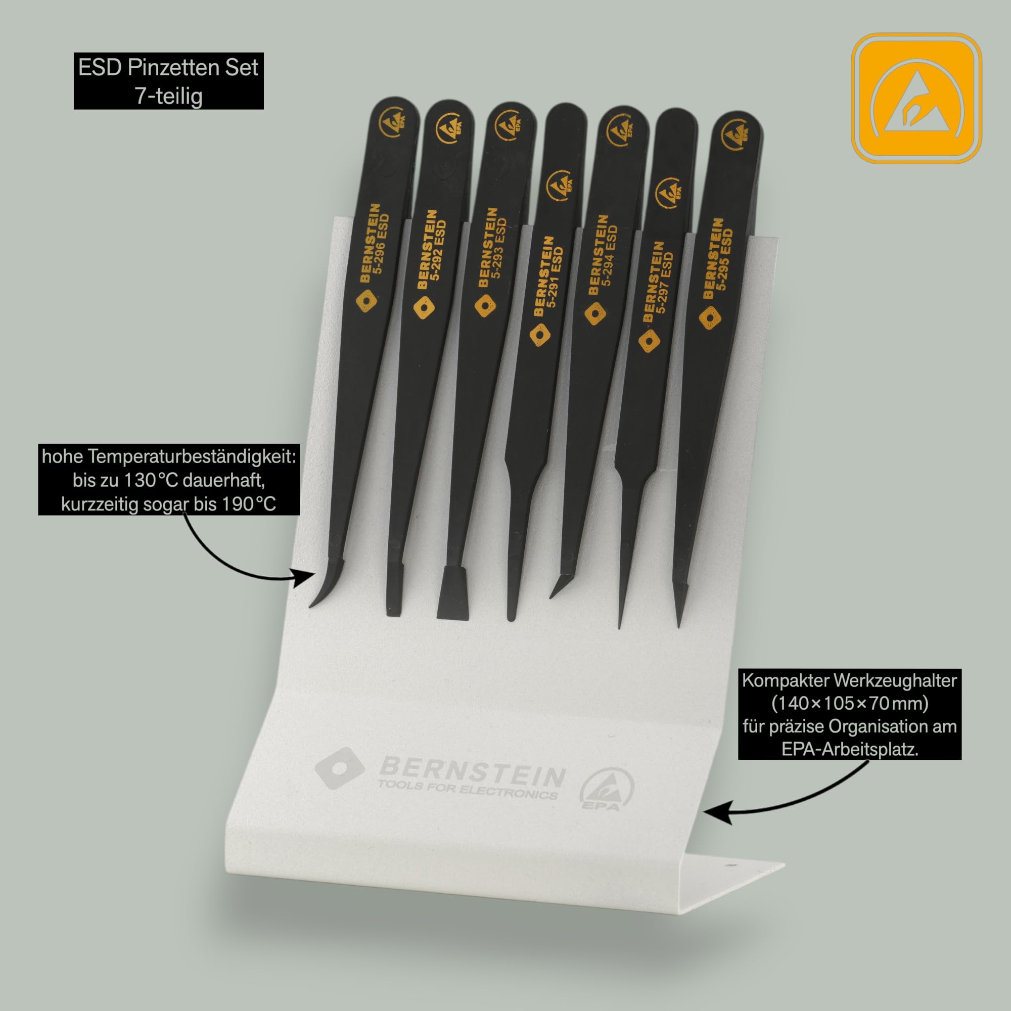 BERNSTEIN ESD - Juego de 7 pinzas de plástico antiestático, pinzas de precisión para aplicaciones electrónicas y de laboratorio con soporte, protección ESD
