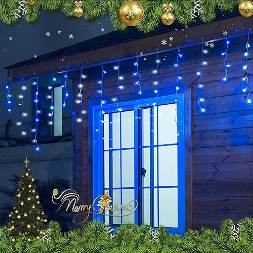 Miniatura 10 de Qunlight Luces LED de carámbano de 300 L, luz blanca cálida para cortina de ventana, 8 modos con enchufe de 30 V para boda, fiesta, dormitorio,