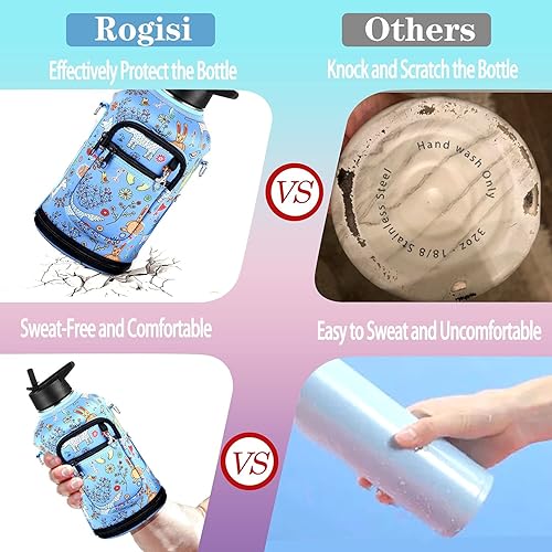 Miniatura 5 de Botella de agua grande de medio galón64 onzas aislada con popote, funda y 2 tapas, jarra de agua de acero inoxidable con boca ancha, termo de metal
