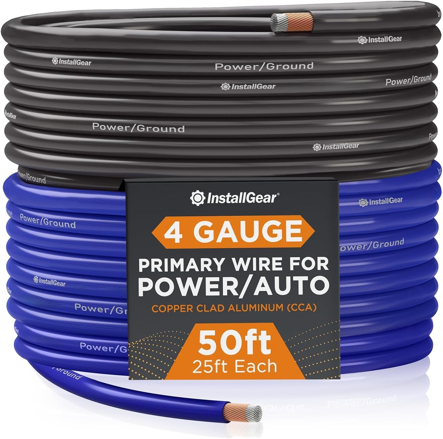 InstallGear 4 Gauge Wire (50ft) Copper Clad Aluminum CAA - Primary Automotive Wire, Car Amplifier Power and Ground Cable, Battery Cable, Car Audio Speaker Stereo, RV Trailer Wiring Welding Cable 4ga