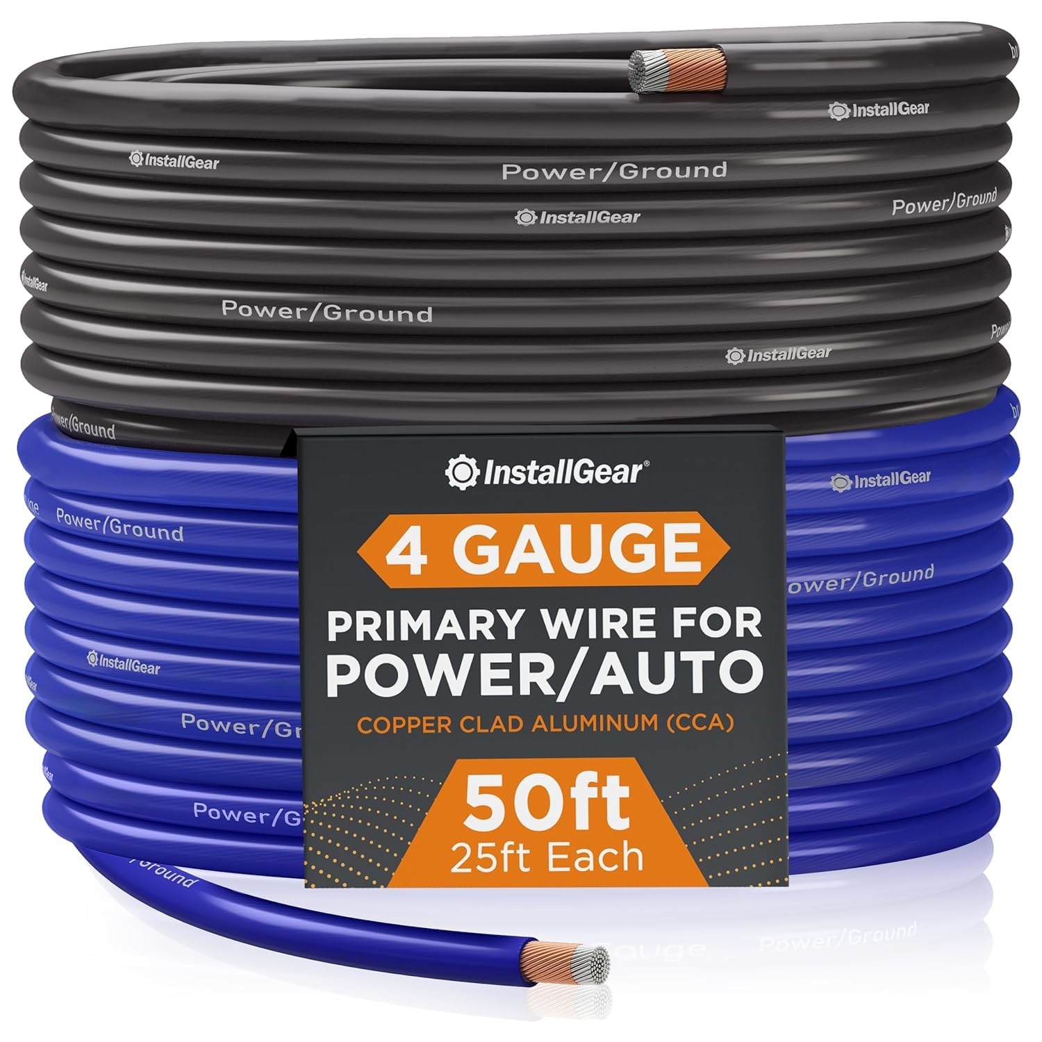 InstallGear 4 Gauge Wire AWG CCA Power Ground Wire Cable Welding Battery Cable Wire, RV Automotive Wiring, Car Amp Audio Home Speaker Stereo Kit | 4 AWG Wire - 25ft Blue & 25ft Black