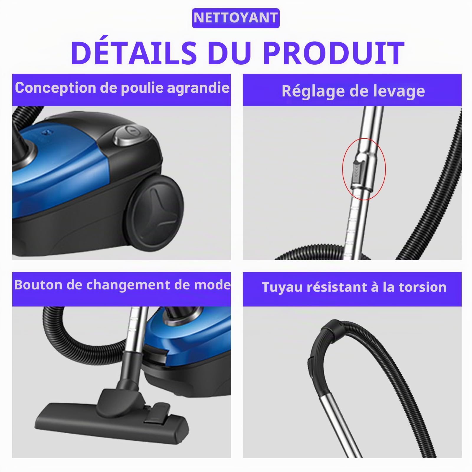 Aspirateur 2000 W, sac, filtre hygiénique, forte puissance, extrêmement silencieux, brosse pour parquet et tapis, filtre