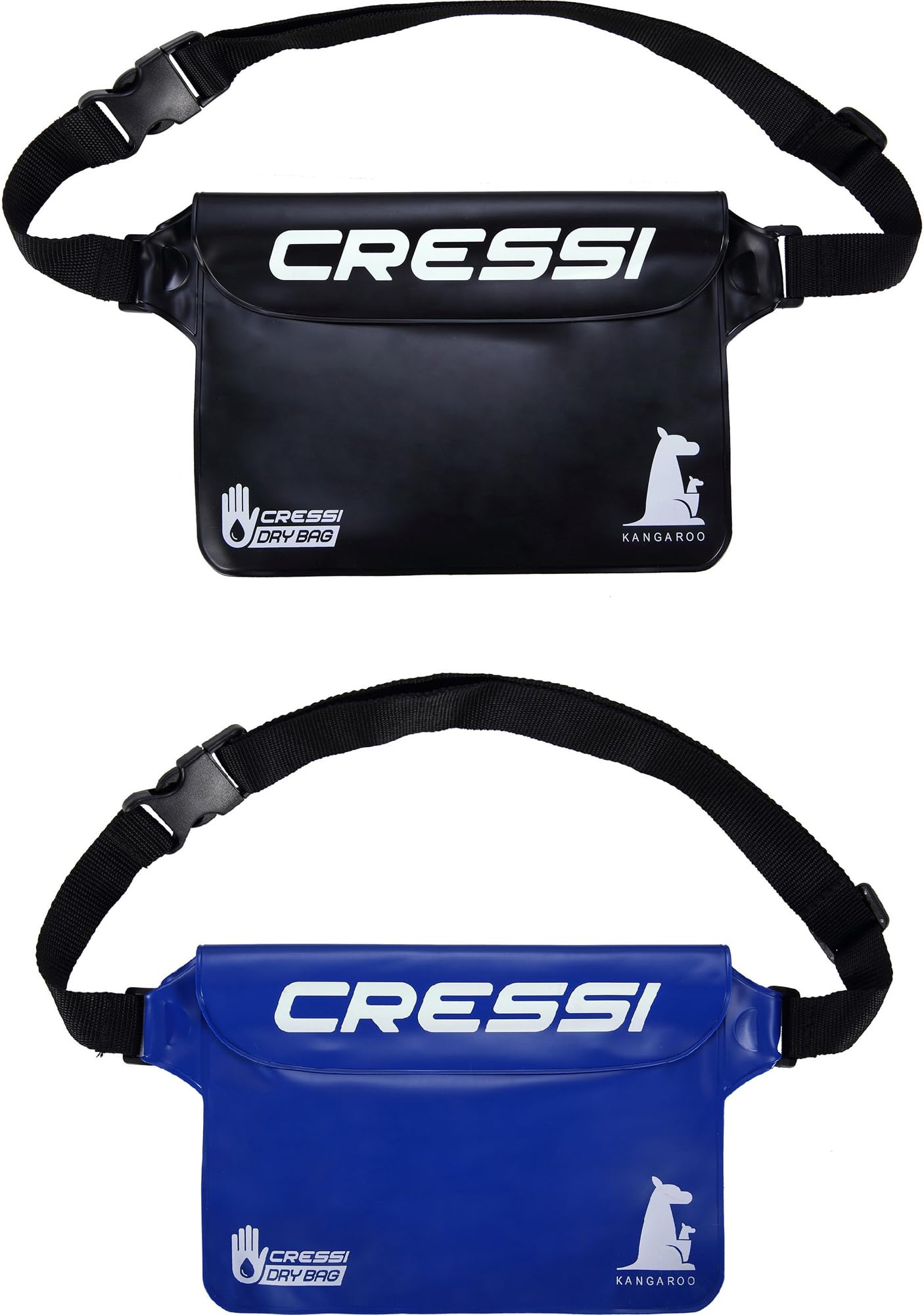 Cressi Kangaroo Dry Pouch Bundle Black + Blue - 2 Waterproof Cell Phone and Object Pouches, 1 Black + 1 Blue, One Size, Adult Unisex
