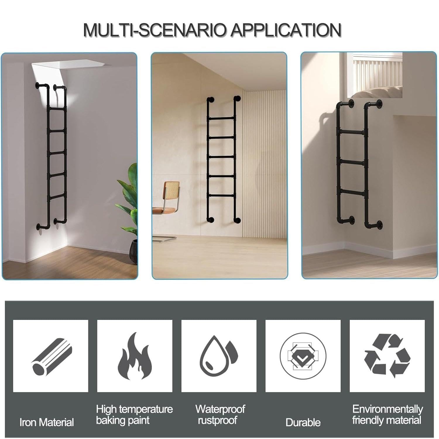 Escalera antideslizante, escalera de escape de incendios de hierro de Metal ferroso montada en la pared, escalera de seguridad del techo al aire libre con camión ático pesado de 330 libras,Black-1.4M