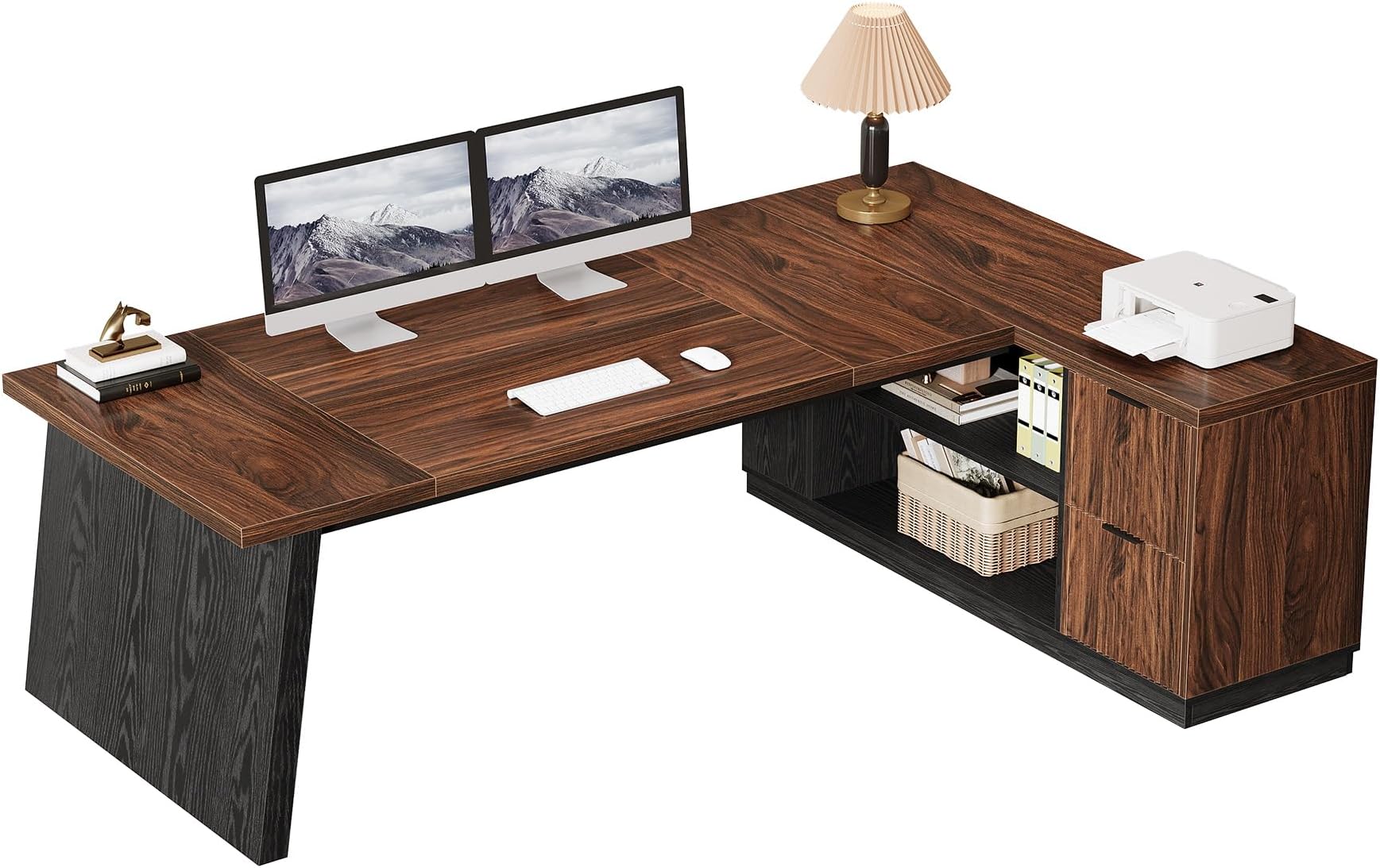 Tribesigns L-Shaped Desk with 2 Drawers and Shelves (Brown and Black)