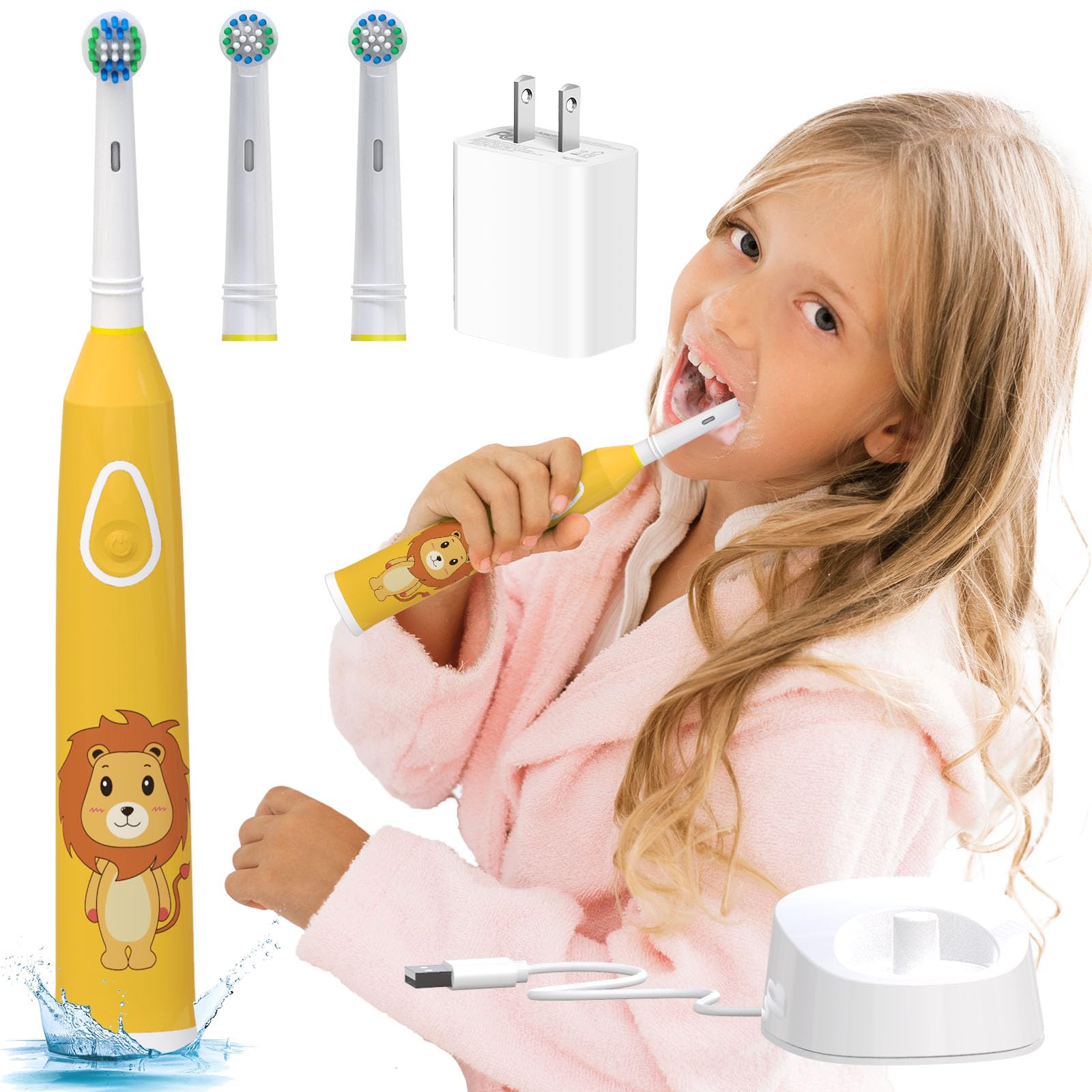 1 Pc Rotating Kids Electric Toothbrush with 2 Brush Heads | IPX7 Cartoon Kids Electric Toothbrushes 3 Modes Rechargeable Toothbrush | 1 USB Charger with Charger Block - Yellow