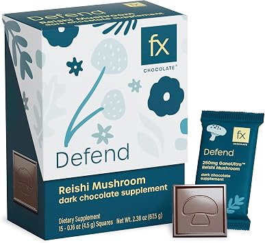 Fx Chocolate Defend - Sugar Free Adaptogen Mushroom Chocolate Supplement for Energy + Immune Support with Cacao + Reishi - Keto Dark Chocolate - Vegan + Non-GMO Box of 15