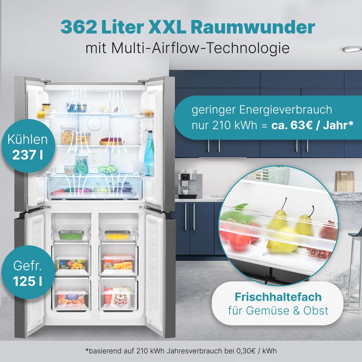 Bomann French Door Kühlschrank No Frost | Kühl-Gefrier-Kombinationen mit Total No Frost | Kühlschrank mit Gefrierfach 362L | Side by Side mit MultiAirflow-System | KG 7358 inox