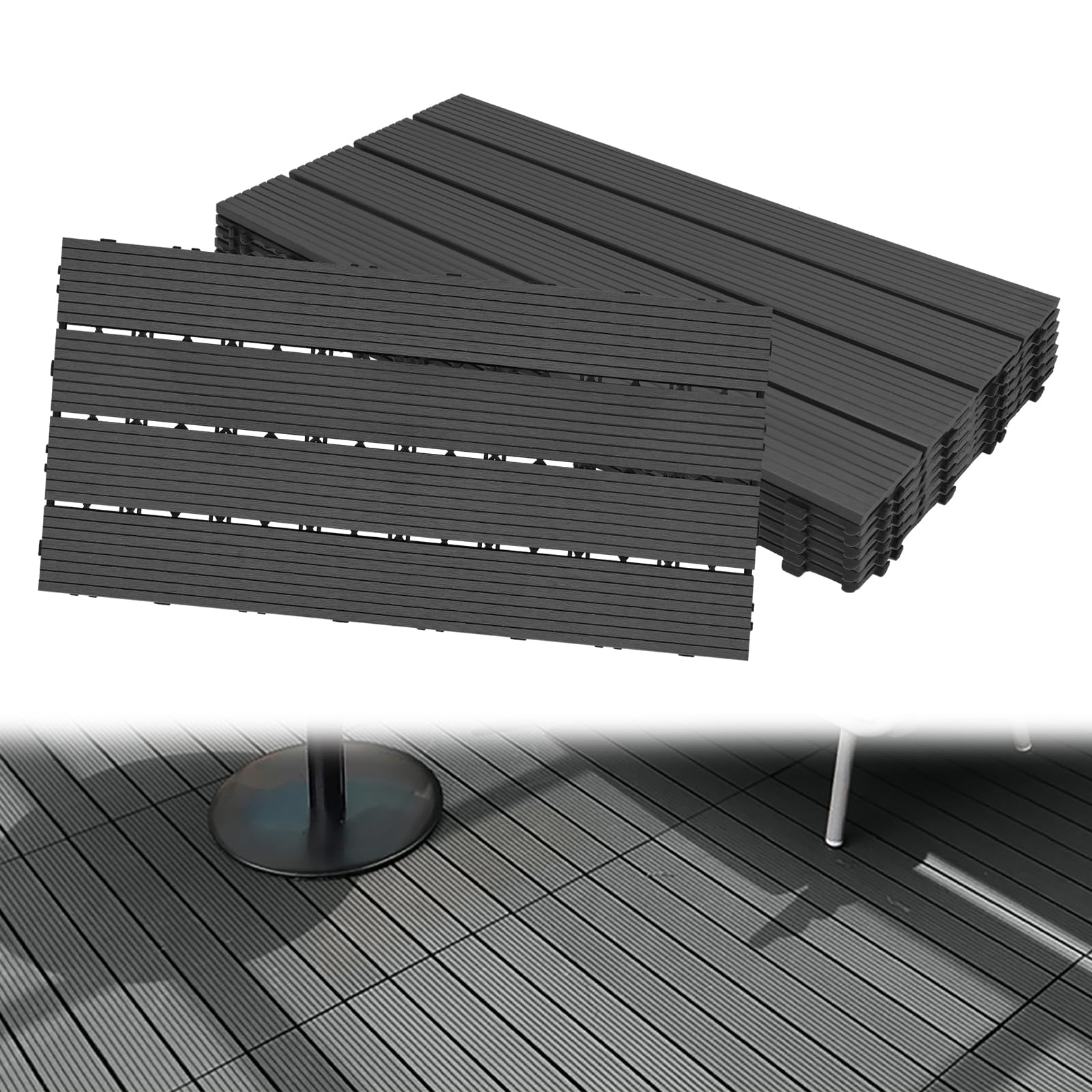 Aufun 6 Stück WPC Terrassenfliesen Kunststoff Bodenfliese Gartenfliesen Klickfliesen Holzoptik mit klicksystem, 30x60cm Filterbares Wasser Premium Fliese Terrassendielen für Balkon (1 m², Anthrazit)