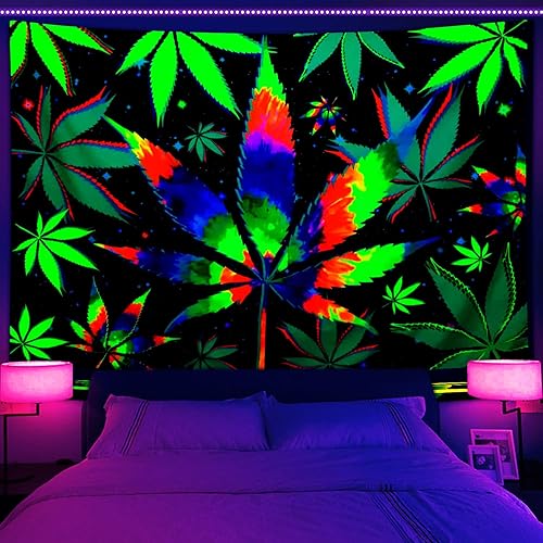 Miniatura 3 de Blacklight - Tapiz psicodélico de hojas de cáñamo psicodélico, marihuana teñida con nudos, pequeños tapices de luz negra para hombre, dormitorio,