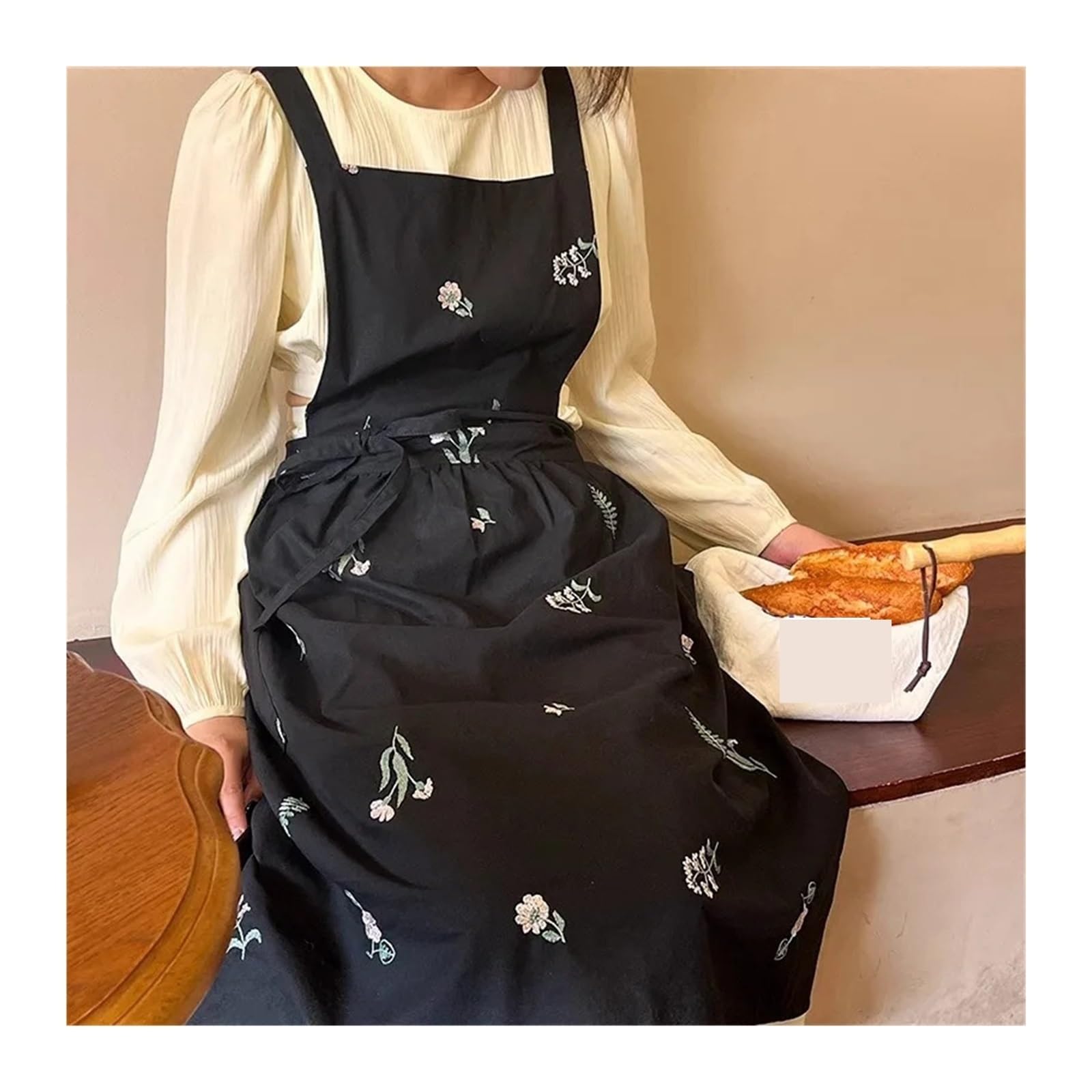 Tela Grembiuli Grembiule da donna in cotone impermeabile ricamato, con incrocio sul retro, a pieghe lunghe, utilizzato for lavori di cucina