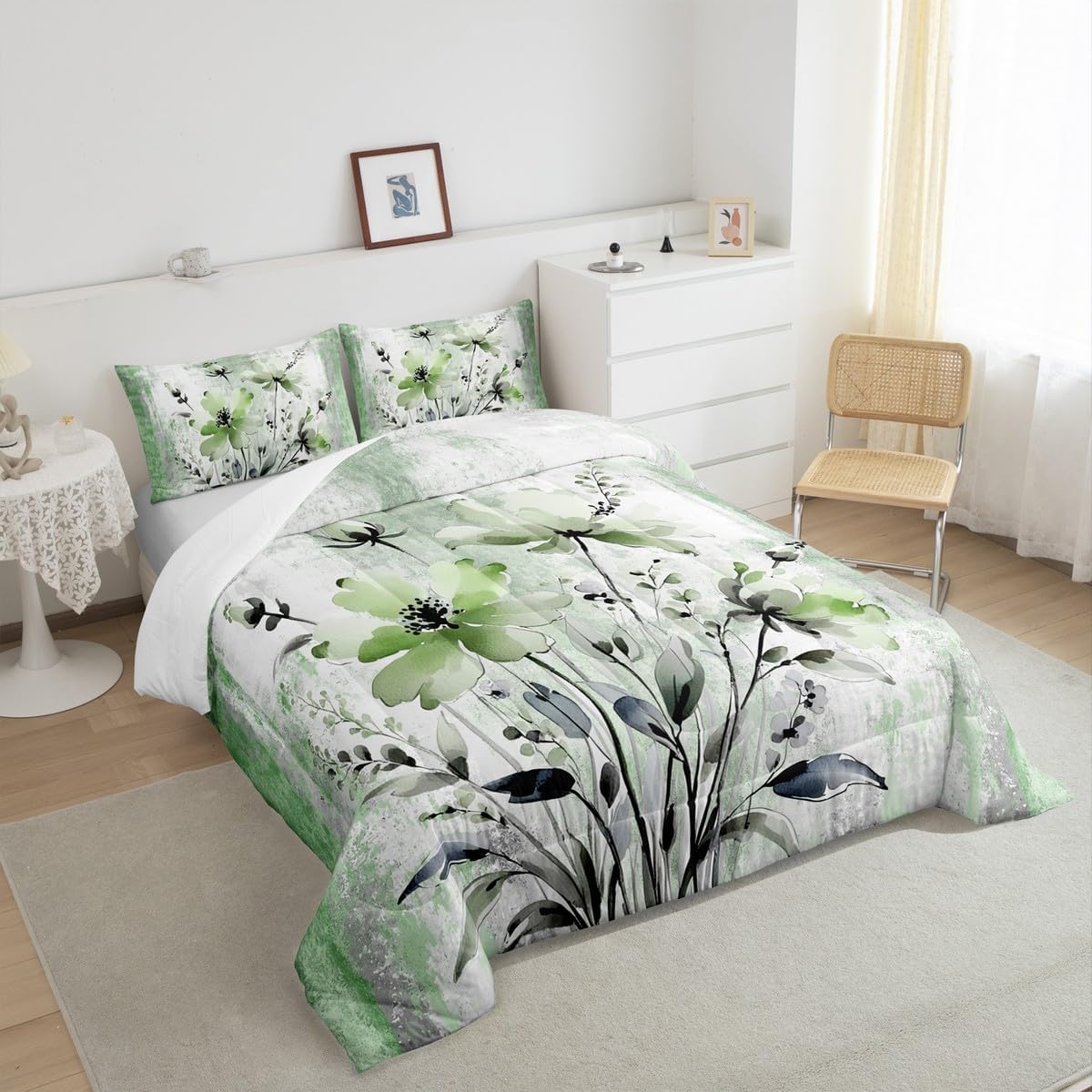 Ombre Turquoise Teal Grey White King Size Comforter Set Soft Abstract Oil Painting Bedding - Rustic Farmhouse Comforter For Girls Adult Watercolor Floral Quilt Duvet Country Wooden Theme Room Decor