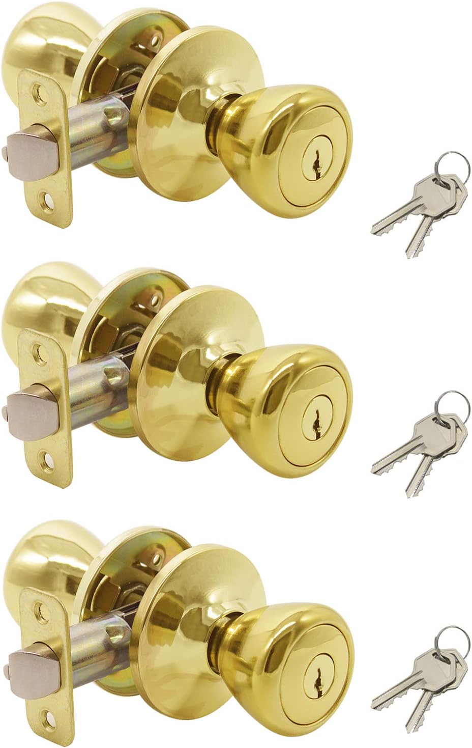3 Pack Tulip Privacy Interior Doorknobs with 3 Combo Keys and Deadbolt,Polishes Brass Keyed Entry Door Knobs Lock Set, Security Deadbolt Knob Handle for Bathroom Bedroom Kitchen Old Back Wooden Indoor