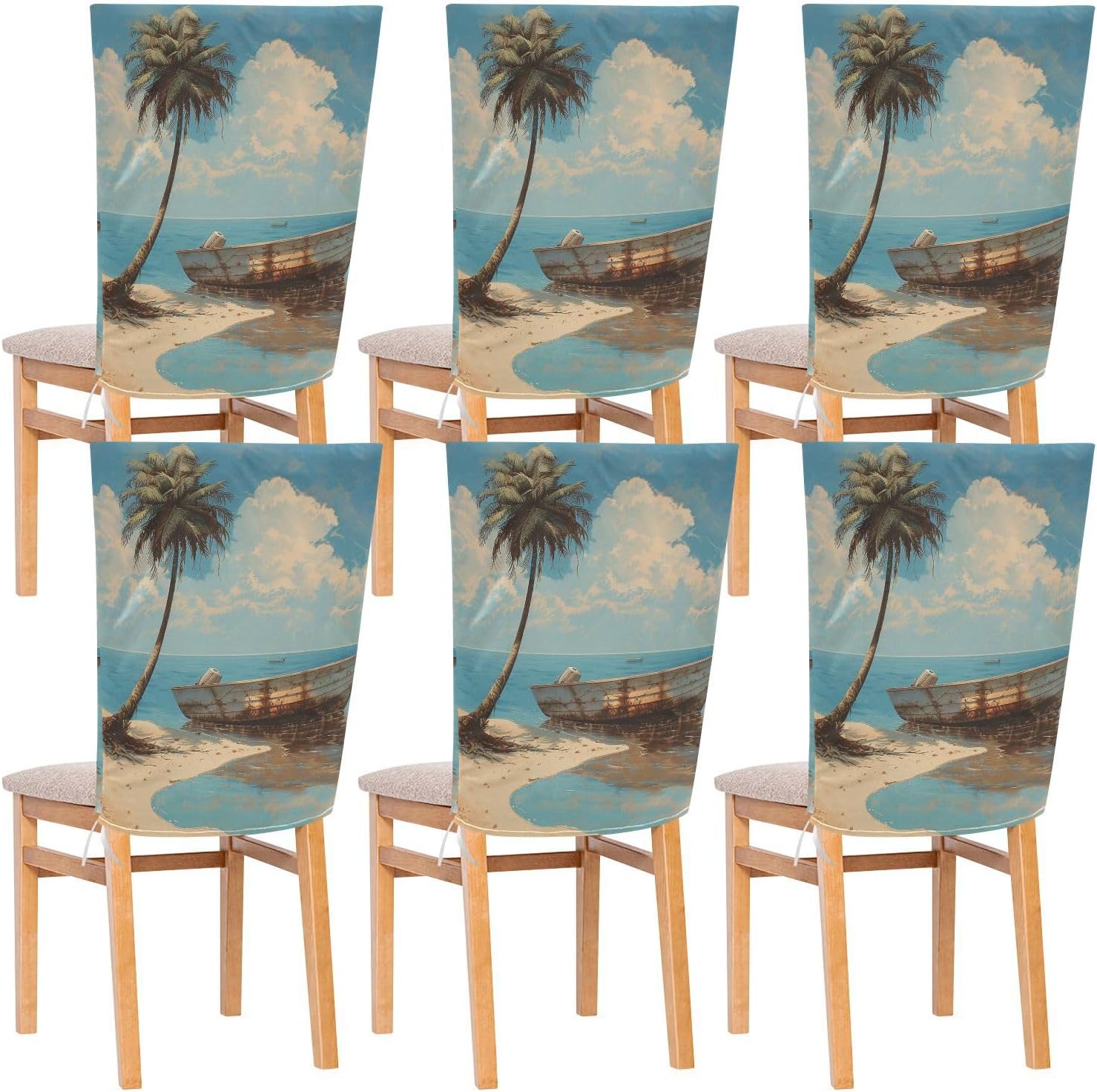 ALAZA Vintage Topical Tree Boat Beach Chair Back Cover Set of 6, Washable Reusable Removable Chair Slipcovers Decorative Chair Cover for Home Kitchen Wedding Party