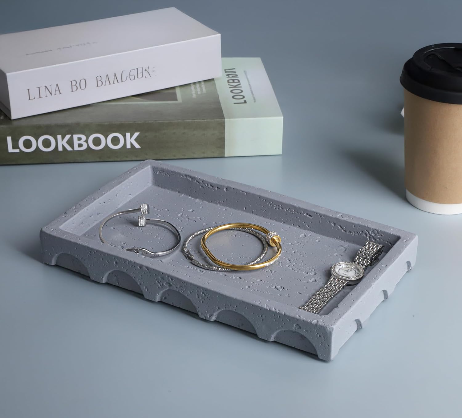 Vixdonos Decorative Tray with Semi-Circular Pattern Edge,Rectangular Concrete Tray for Coffee Table Decor,9.8X5.8X1.2 Inches(Gray)