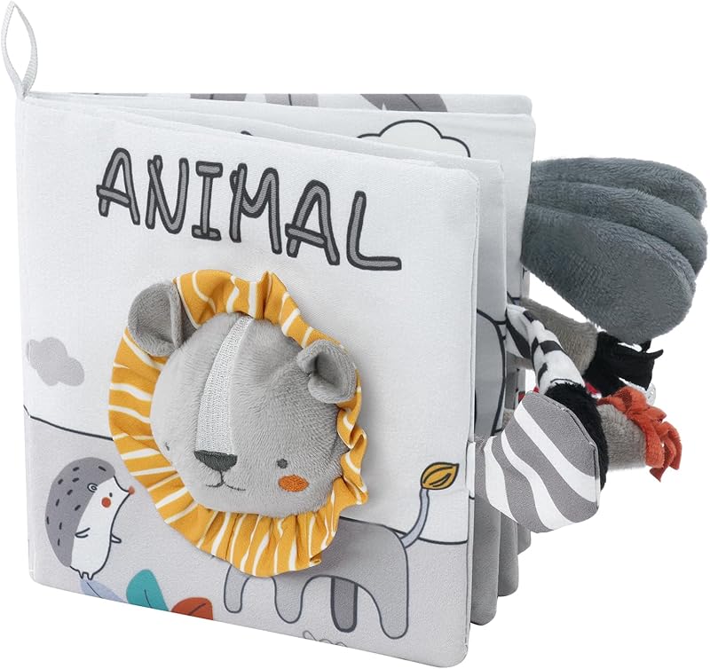 Vicloon Livre Tissu Bébé Eveil,Jouet Educatif Enfant Idée Cadeau Dès la Naissance, Livre Doux Froissé avec des Animaux (lion)